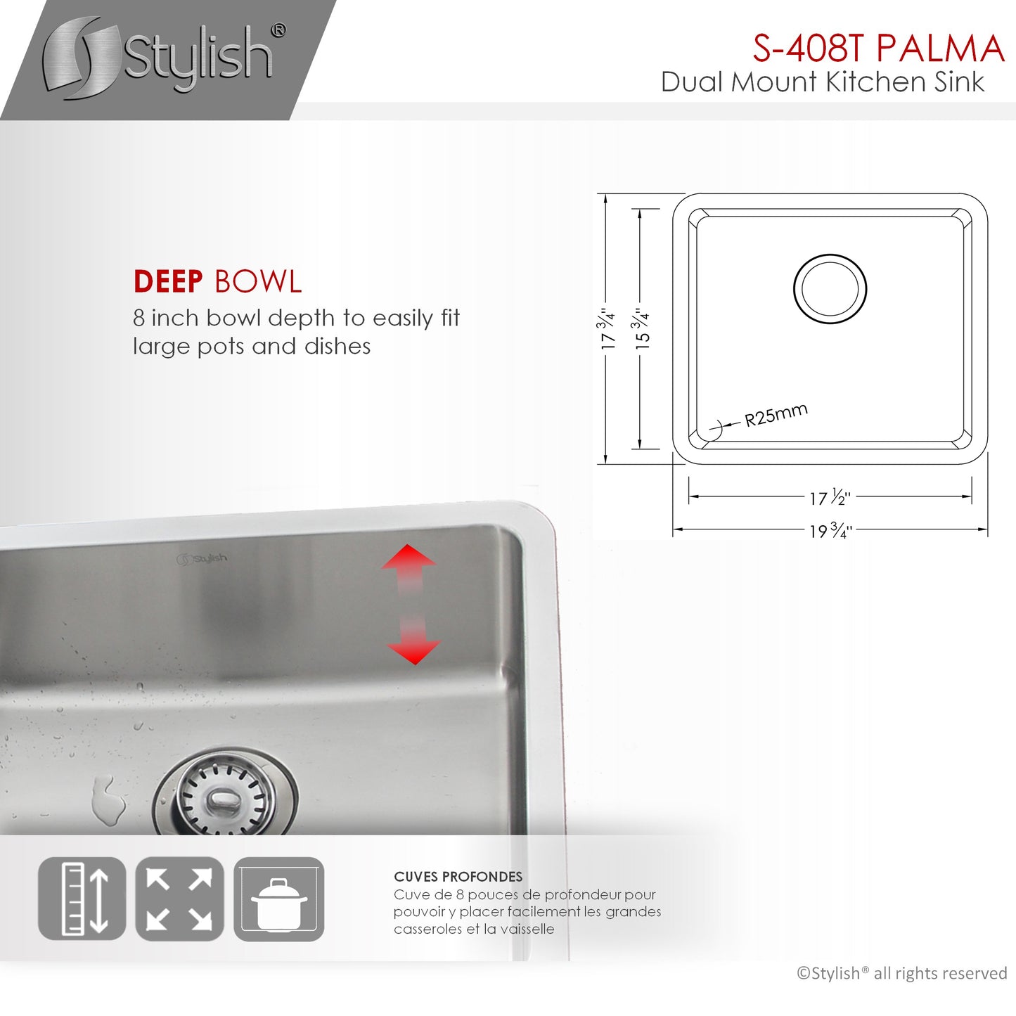 STYLISH 19" Palma Single Bowl Undermount and Drop-in Stainless Steel Kitchen Sink