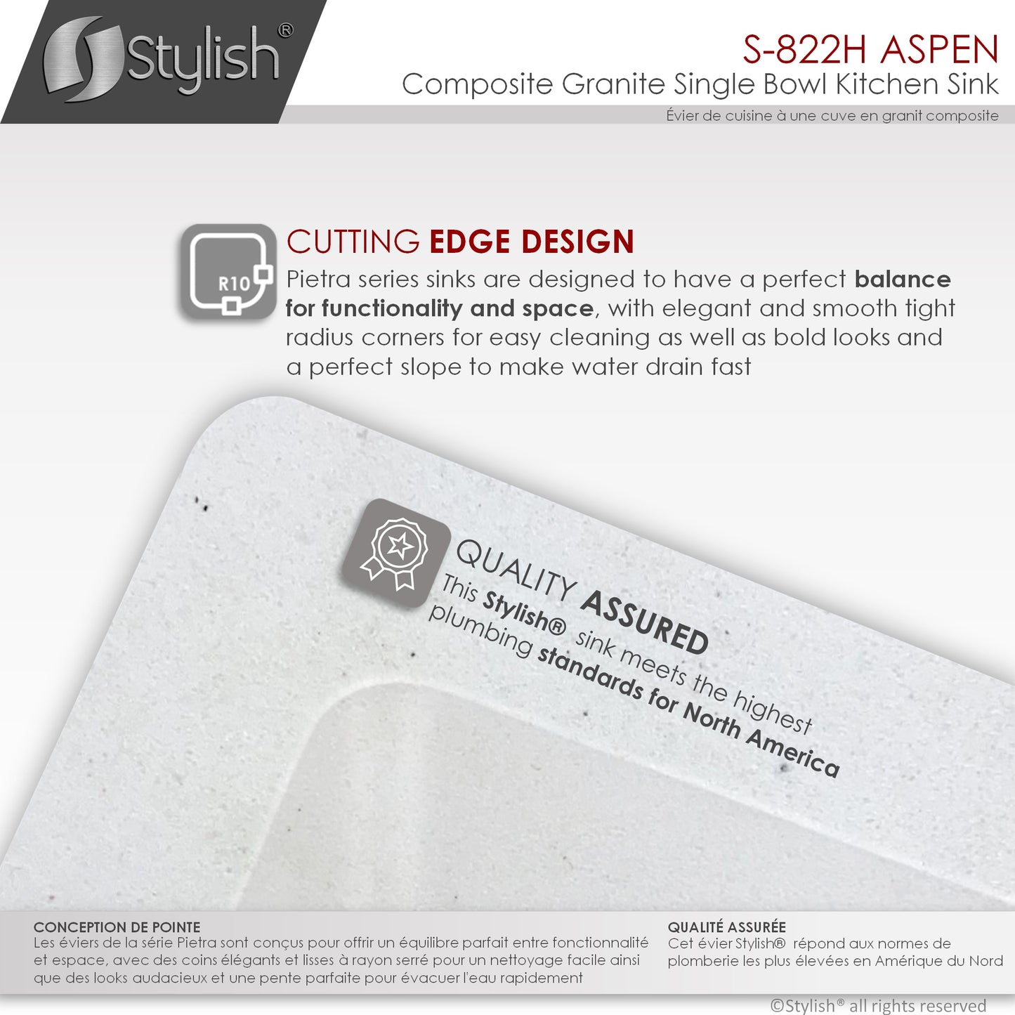 STYLISH 22" Aspen Dual Mount Single Bowl White Composite Granite Kitchen Sink with Strainer