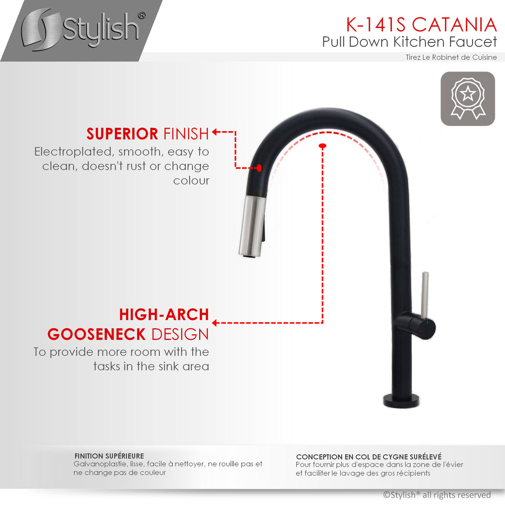 STYLISH Catania Kitchen Sink Faucet Single Handle Pull Down Dual Mode Lead Free Matte Black with Silver Head and Handle Finish