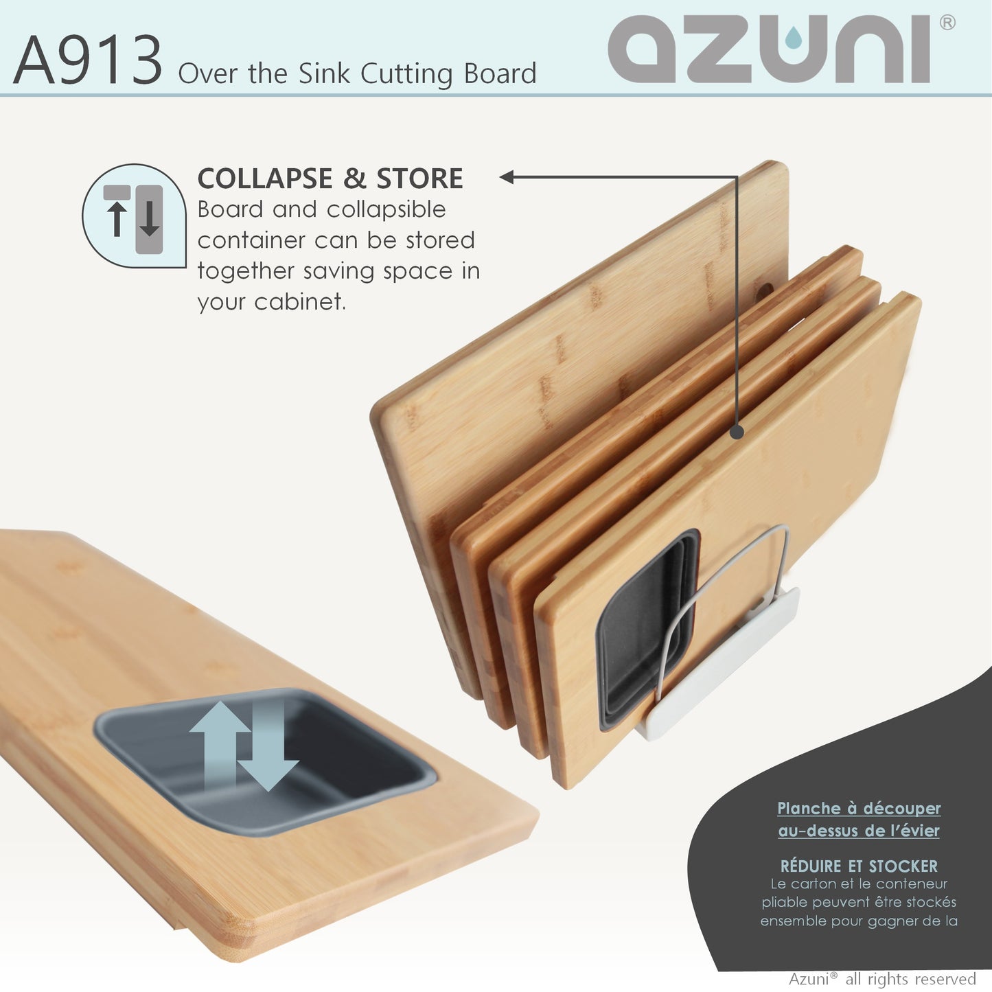 AZUNI 18 inch Kitchen Sink Bamboo Cutting Board set with 1 Collapsible Container