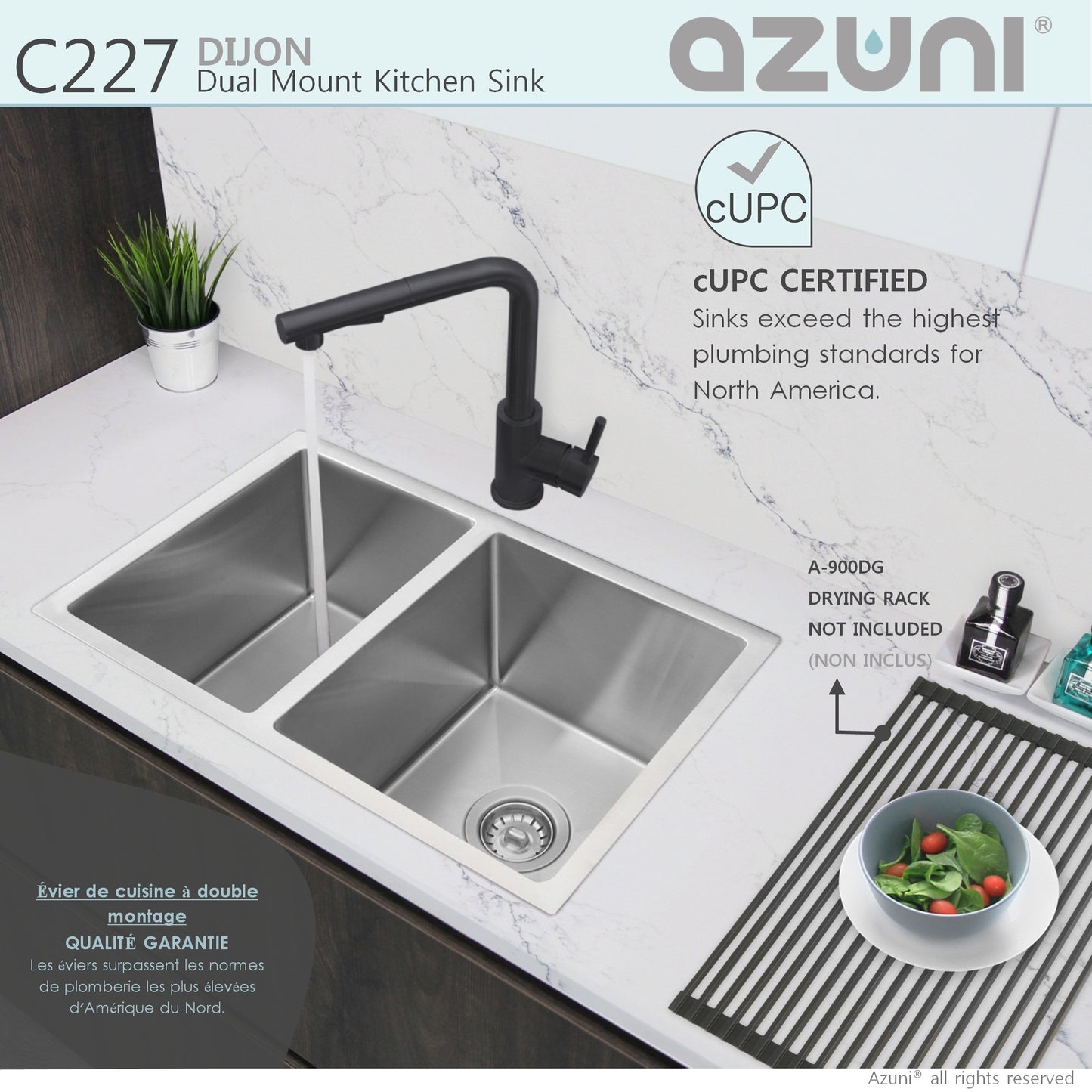 AZUNI 27"L x 18"L Dijon Double Bowl 60/40  Undermount and Drop-in 16G Reversible Kitchen Sink with grids and Basket Strainers C227