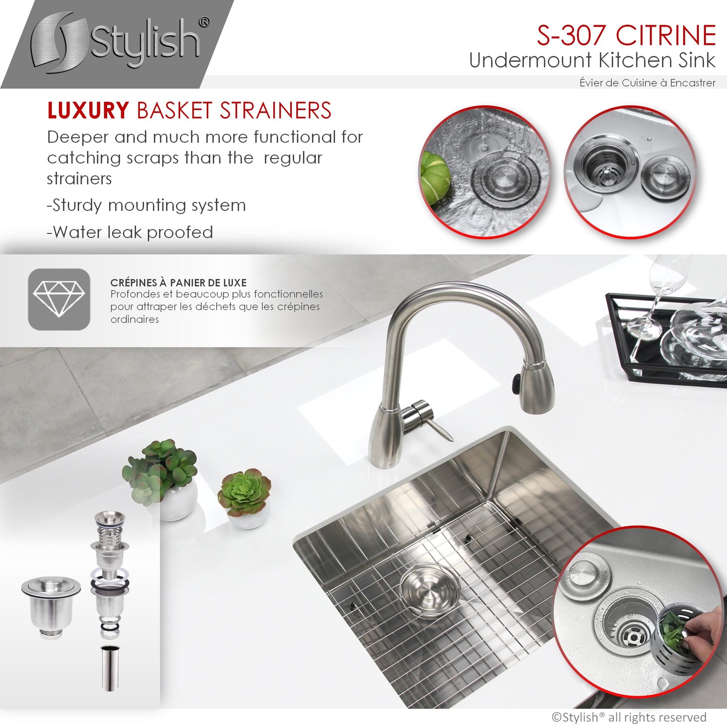 STYLISH 23" Citrine Single Bowl Undermount Stainless Steel Kitchen Sink