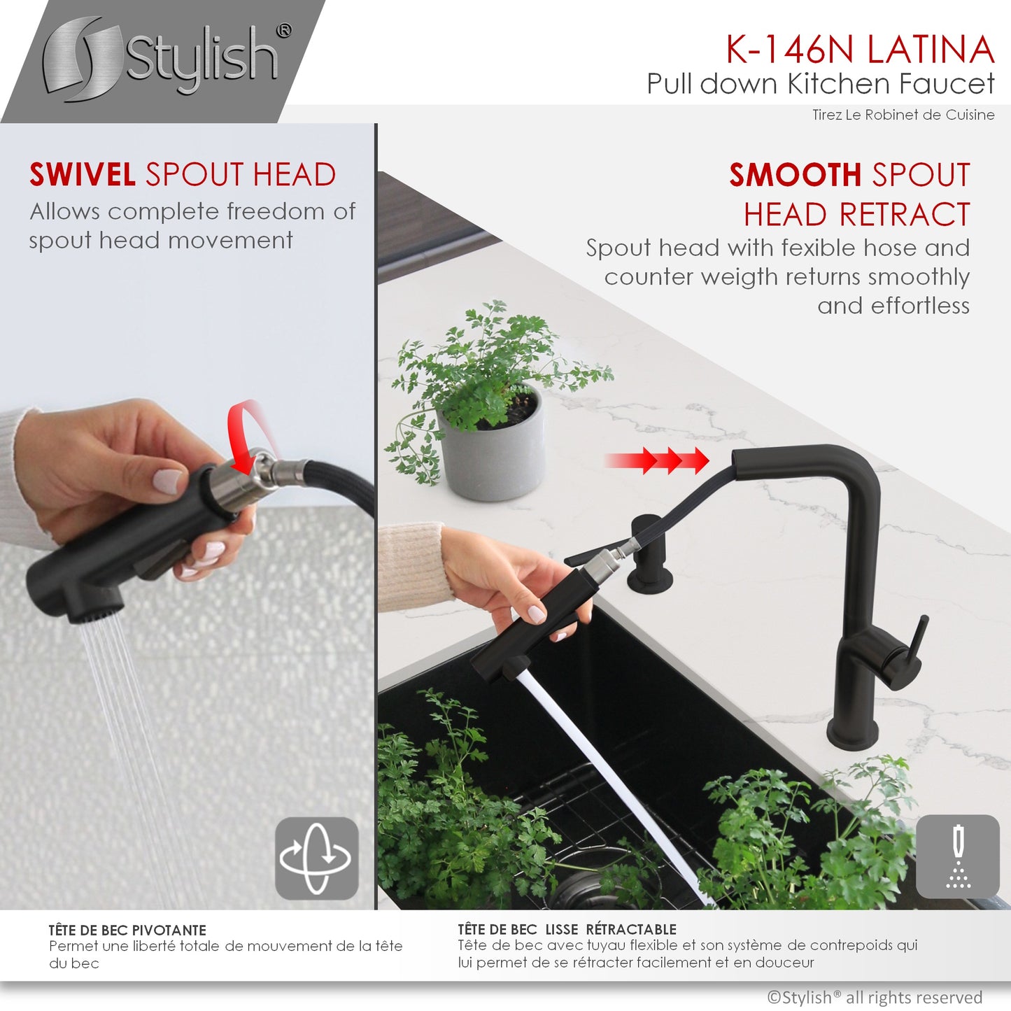STYLISH Latina Kitchen Sink Faucet Single Handle Pull Down Dual Mode Matte Black Finish K-146N