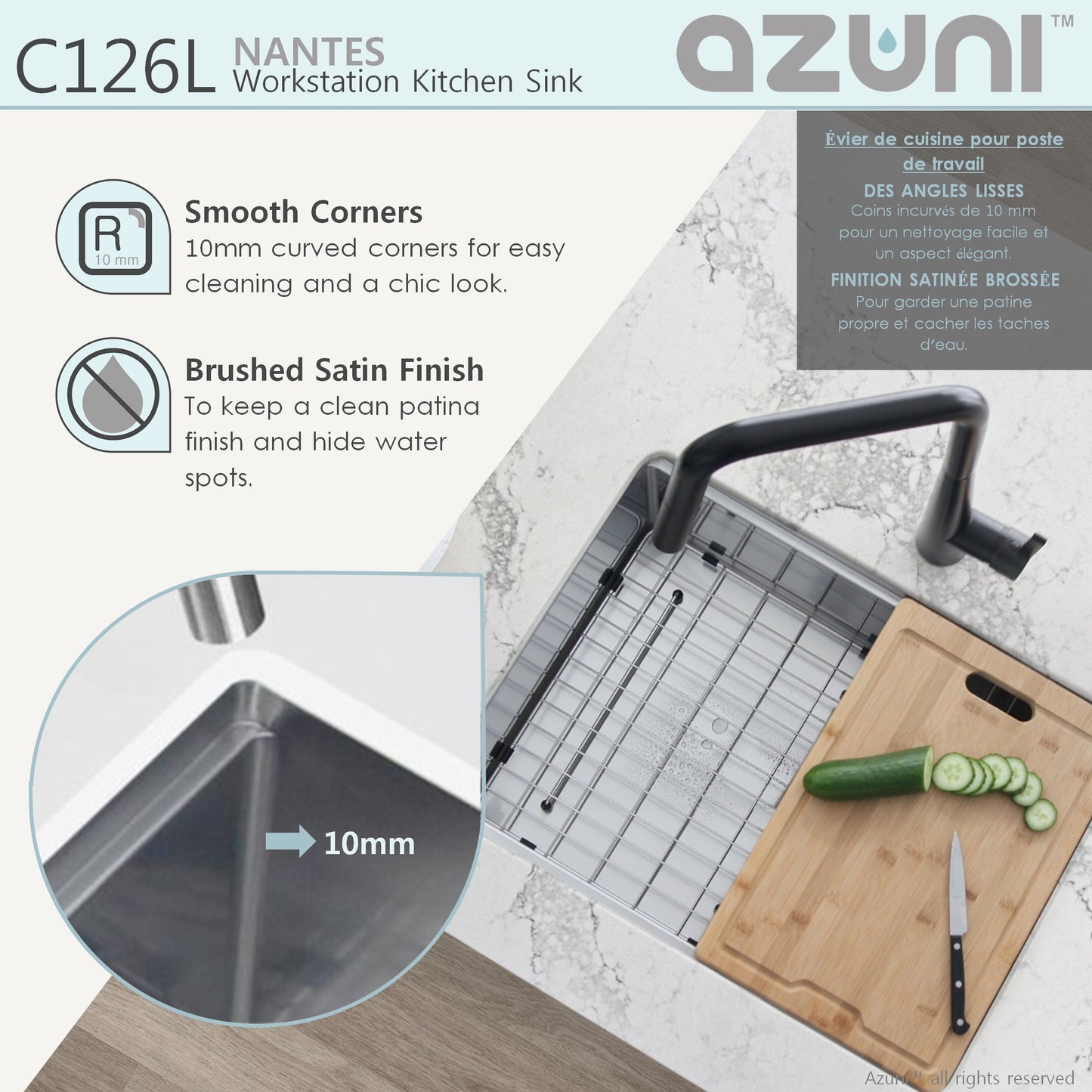 AZUNI 25"L x 19"W  Nante Single Bowl Undermount 16G Reversible Workstation Kitchen Sink with accessories C126L