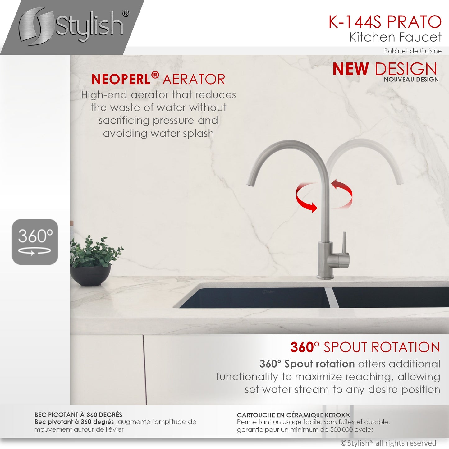 STYLISH Prato Kitchen Sink Faucet Single Handle  Stainless Steel Brushed Finish