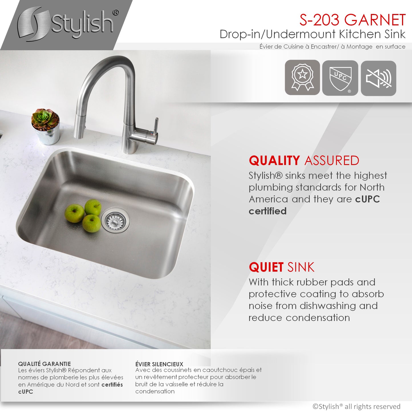 STYLISH 23" Garnet Single Bowl Undermount and Drop-in Stainless Steel Kitchen Sink