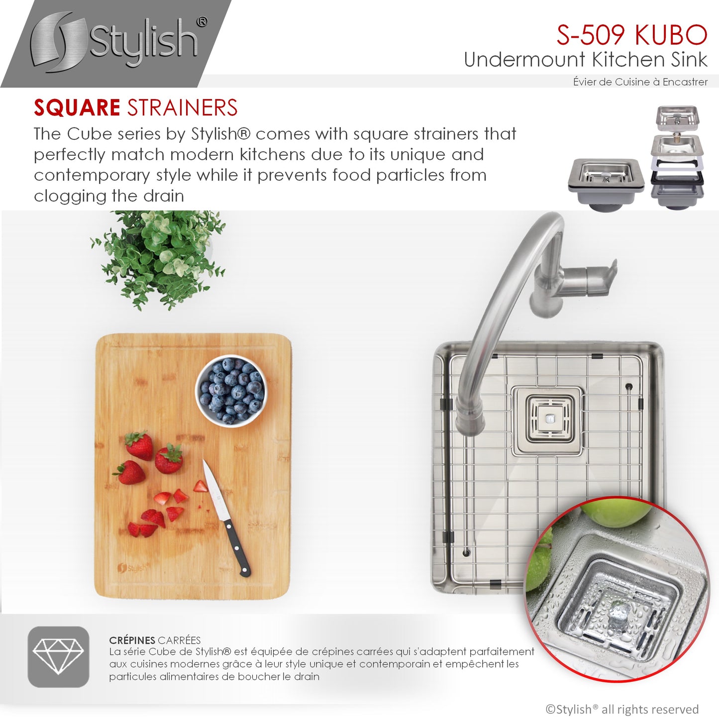 STYLISH 16" Kubo Single Bowl Stainless Steel Kitchen Sink with Square Strainer