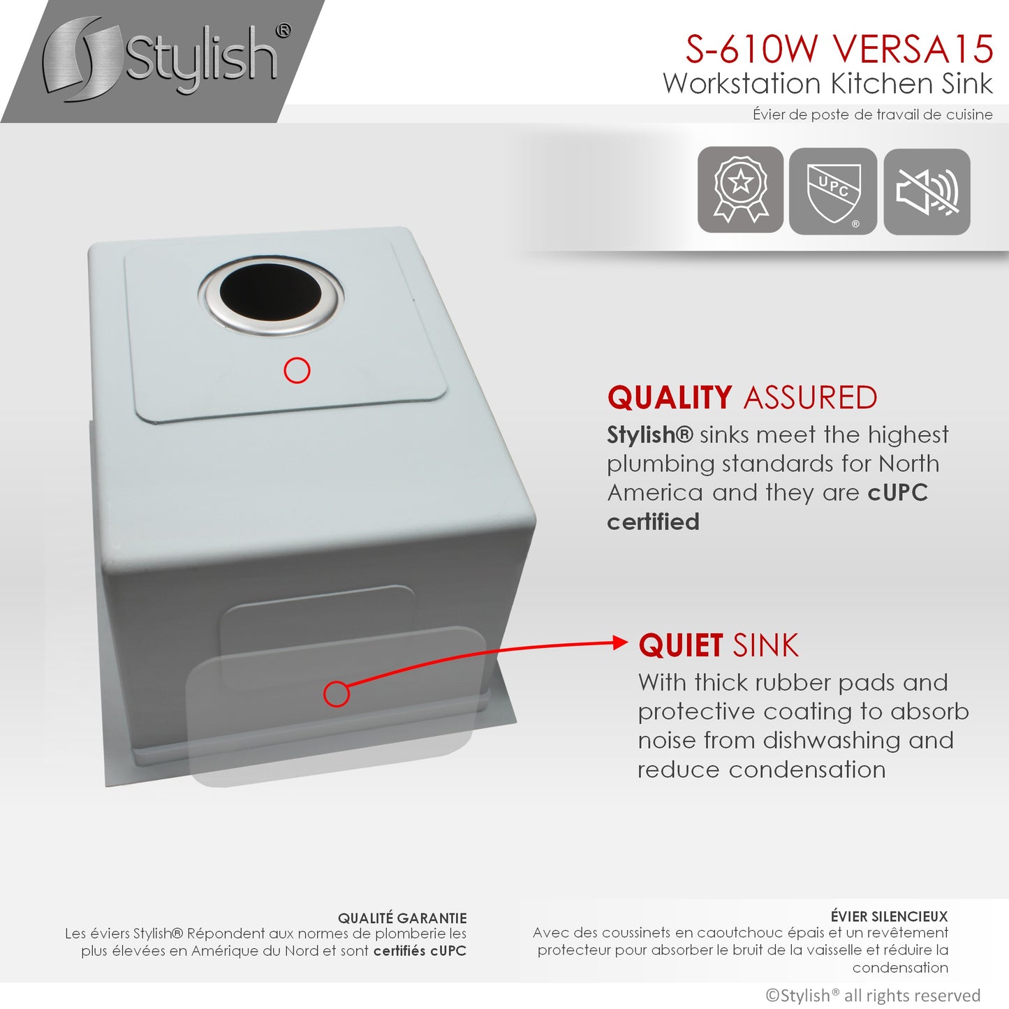 STYLISH 15" Versa Workstation Single Bowl Undermount 16 Gauge Stainless Steel Kitchen Sink with Built in Accessories