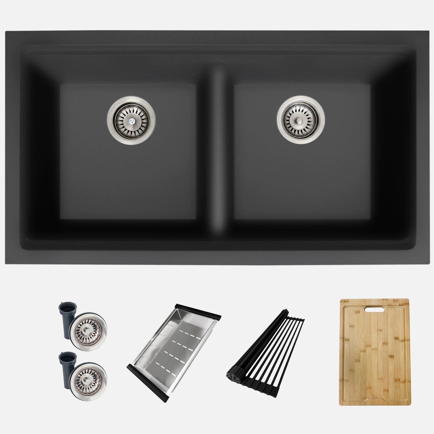 STYLISH 33" Banff Dual Mount  Workstation Double Bowl Black Composite Granite Kitchen Sink with Built in Accessories