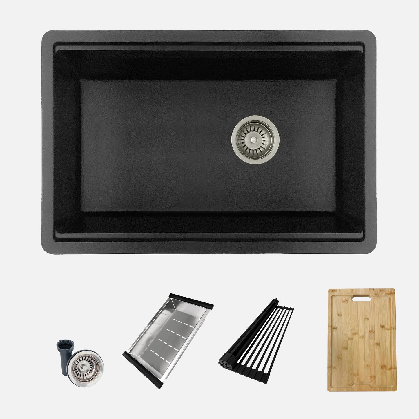 STYLISH 28" Kinbrook Dual Mount  Workstation Single Bowl Black Composite Granite Kitchen Sink with Built in Accessories