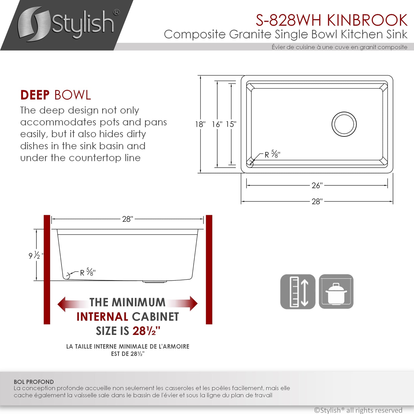STYLISH 28" Kinbrook Dual Mount  Workstation Single Bowl White Composite Granite Kitchen Sink with Built in Accessories