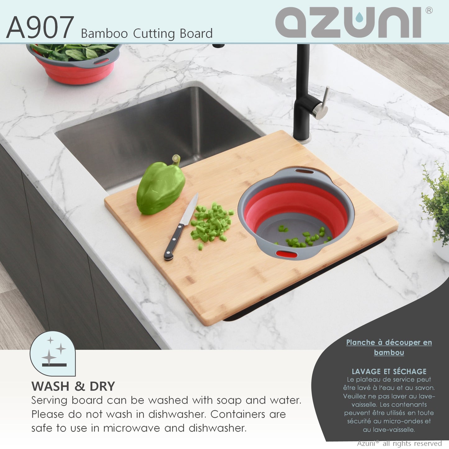AZUNI 16 inch Kitchen Sink Bamboo Cutting Board with Colander and Bowl Set