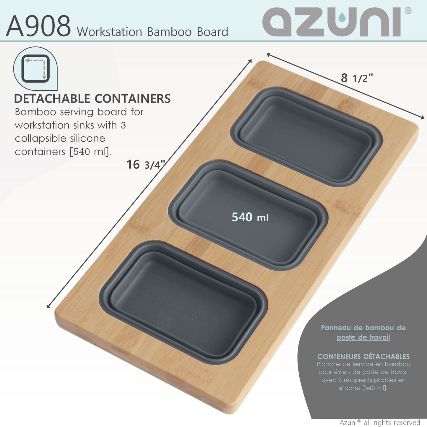 AZUNI 17" Workstation Sink Bamboo Serving Board set with 3 Collapsible Containers