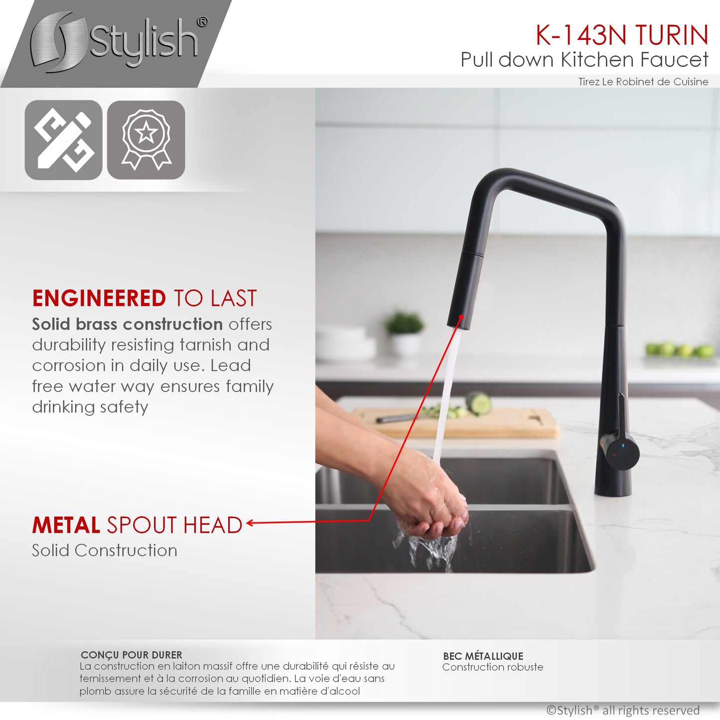 STYLISH Turin Kitchen Sink Faucet Single Handle Pull Down Dual Mode Lead Free Matte Black