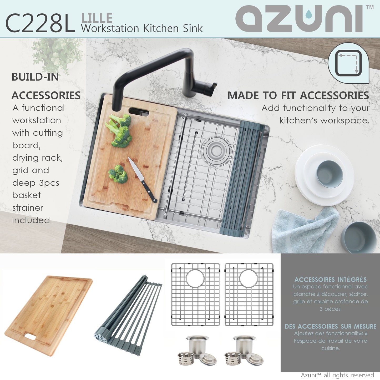 AZUNI 28"L x 19"W Lille Undermount Double Bowl Stianless Steel Workstation Kitchen Sink with Accessories