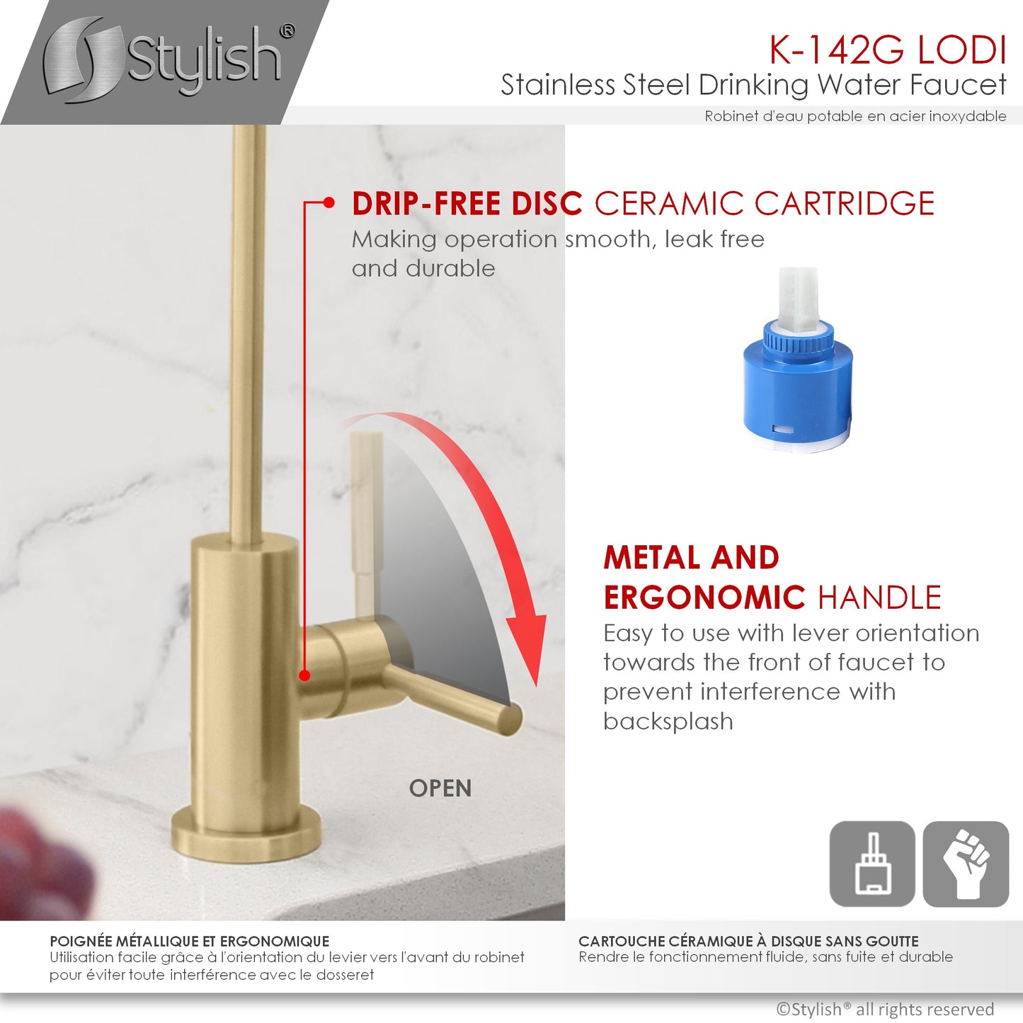 STYLISH Lodi Kitchen Sink Drinking Water Tap Faucet, Stainless Steel Brushed Gold Finish K-142G