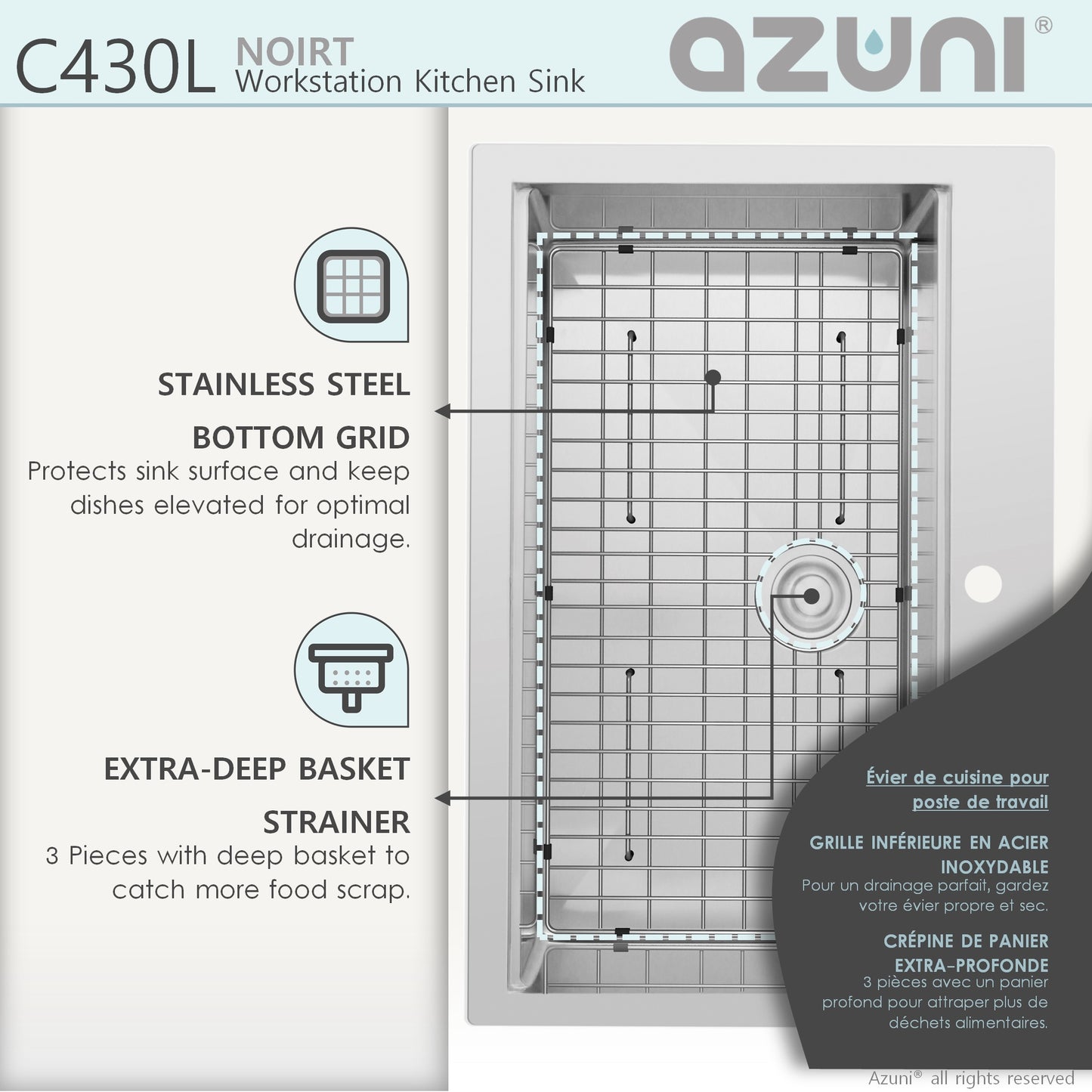 AZUNI 30"L x 20.5"W Noirt Top mounted Single Bowl Stainless Steel Ledge Workstation Kitchen Sink accessories included
