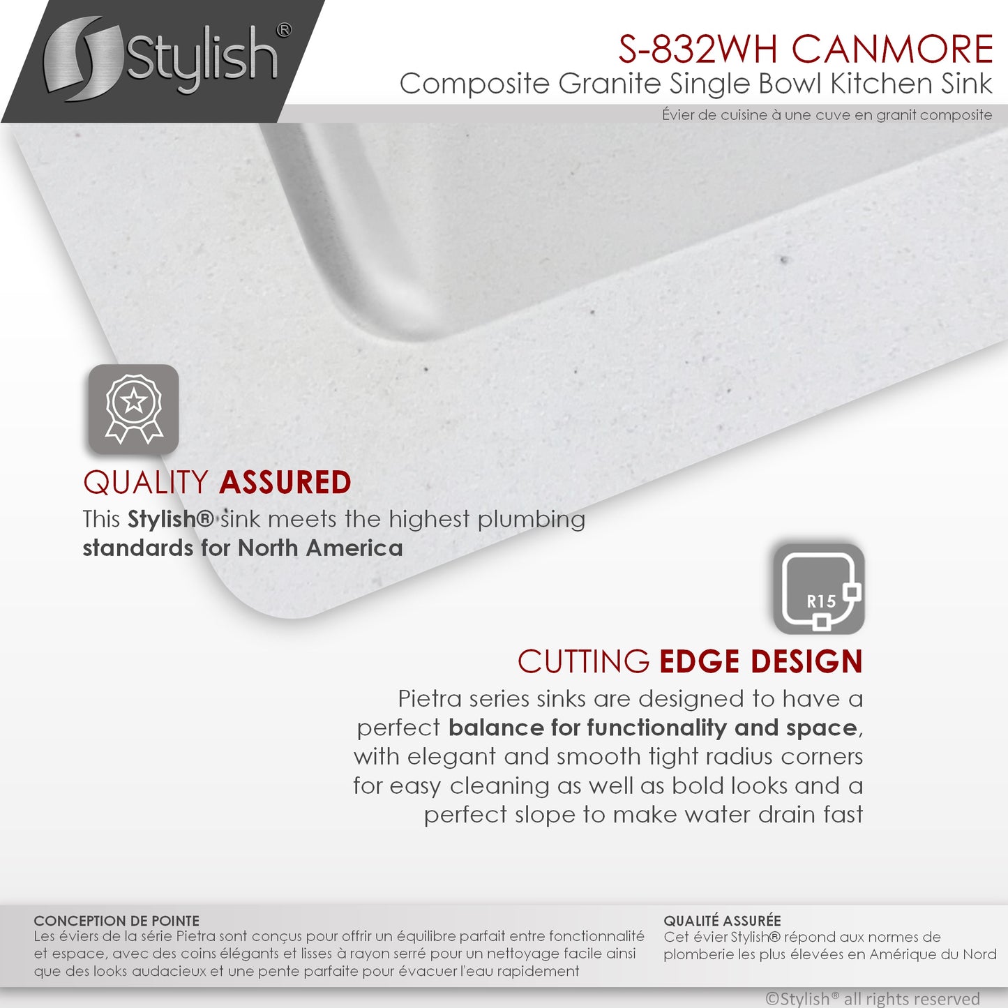 STYLISH 32" Canmore Dual Mount  Workstation Single Bowl White Composite Granite Kitchen Sink with Built in Accessories