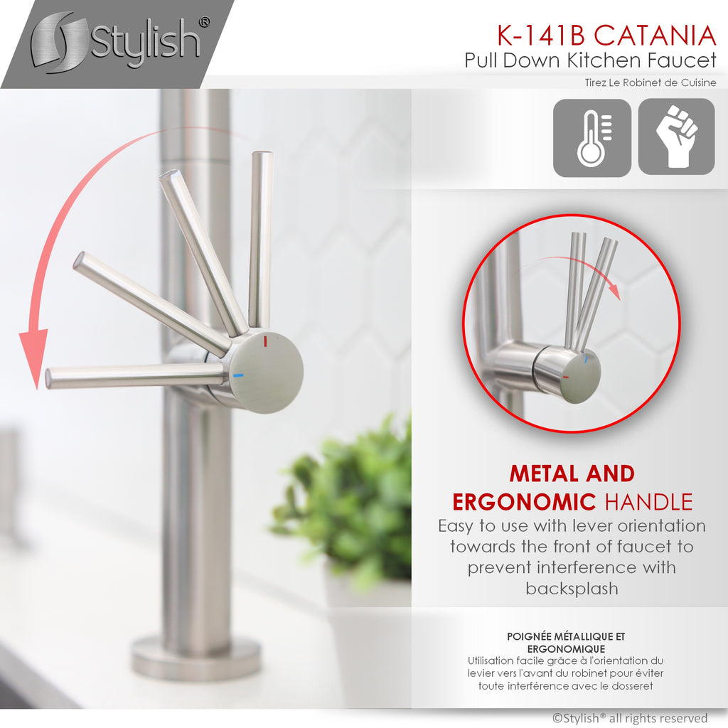STYLISH Catania Kitchen Sink Faucet Single Handle Pull Down Dual Mode Lead Free Brushed Nickel Finish