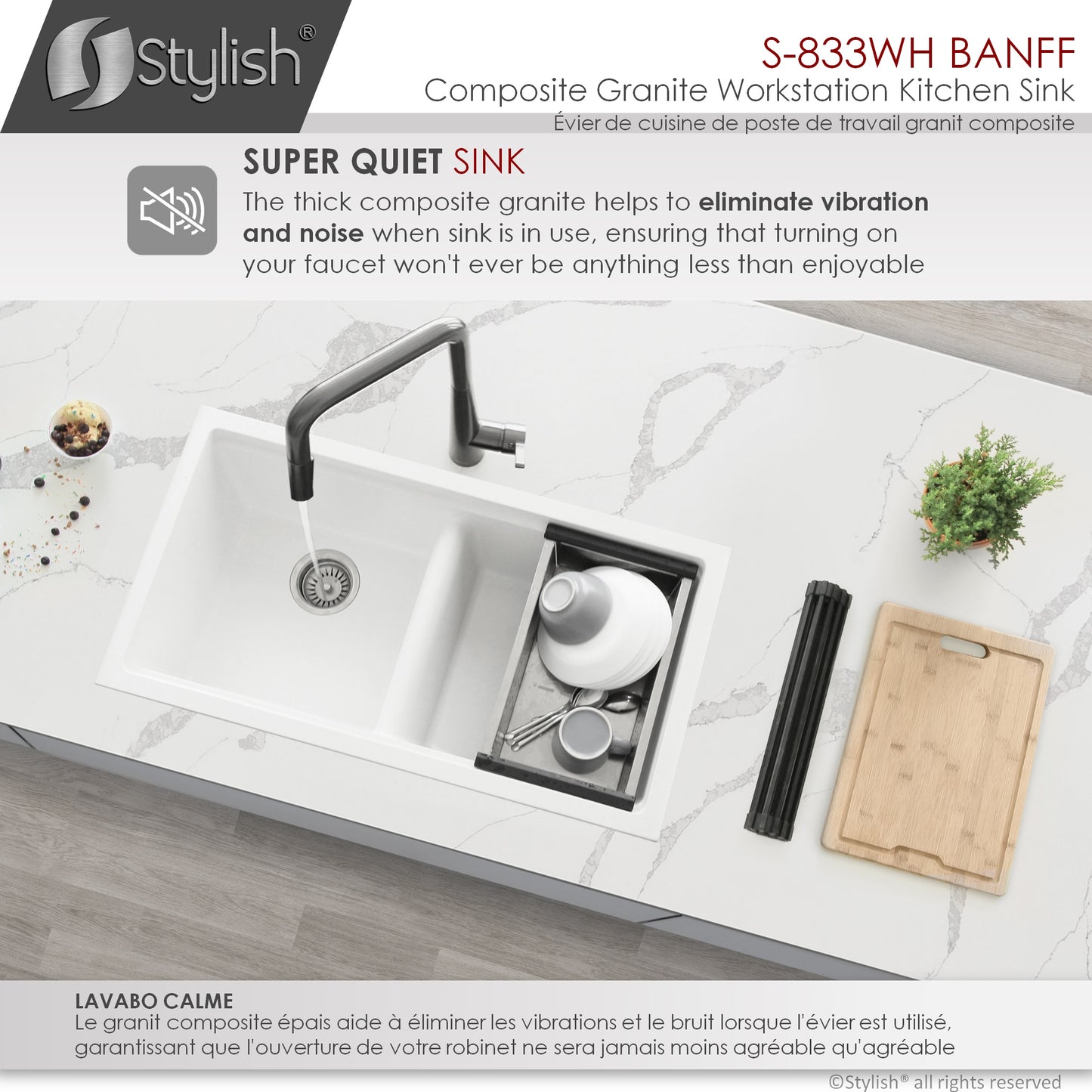 STYLISH 33" Banff Dual Mount  Workstation Double Bowl White Composite Granite Kitchen Sink with Built in Accessories