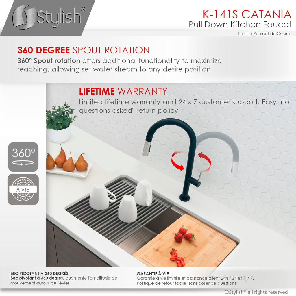 STYLISH Catania Kitchen Sink Faucet Single Handle Pull Down Dual Mode Lead Free Matte Black with Silver Head and Handle Finish