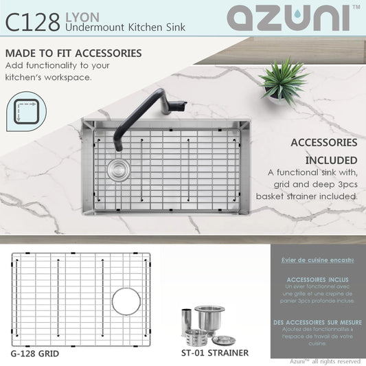 AZUNI 28"L x 18"W Lyon Single Bowl Undermount 16G Reversible Kitchen Sink with grid and Basket Strainer