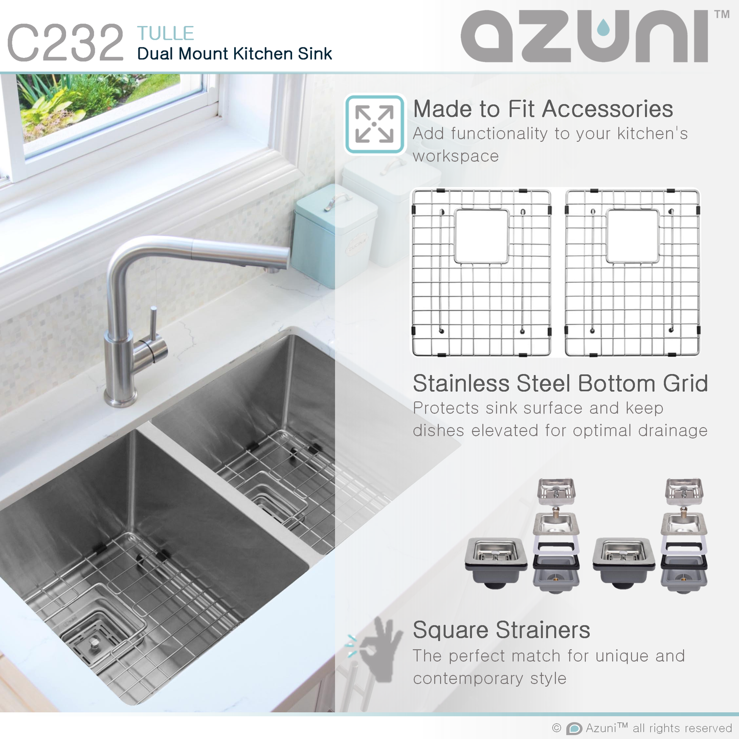 AZUNI 32"L x 18"W Tulle Double Basin Dual mount Kitchen Sink with Grids and Strainers