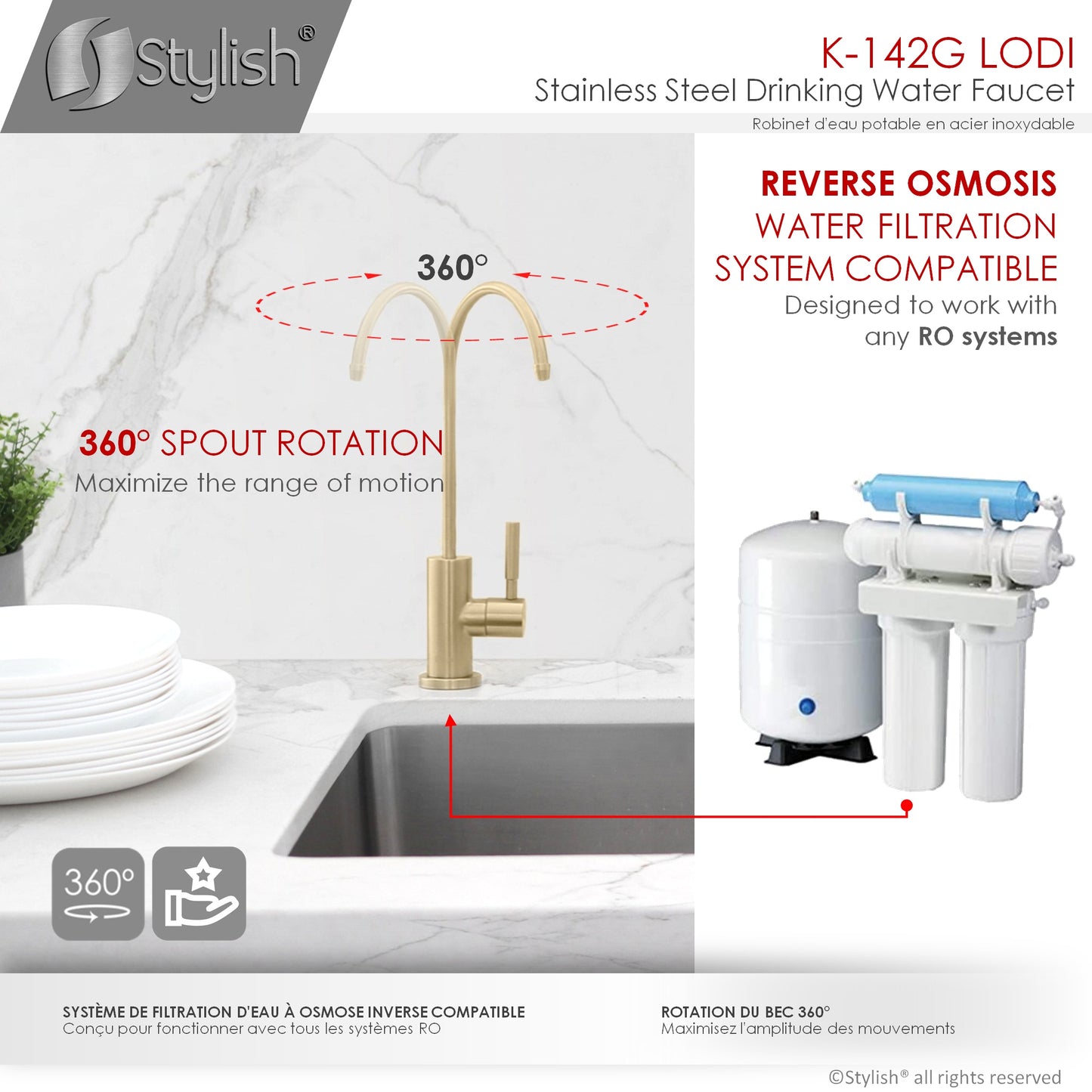 STYLISH Lodi Kitchen Sink Drinking Water Tap Faucet, Stainless Steel Brushed Gold Finish K-142G