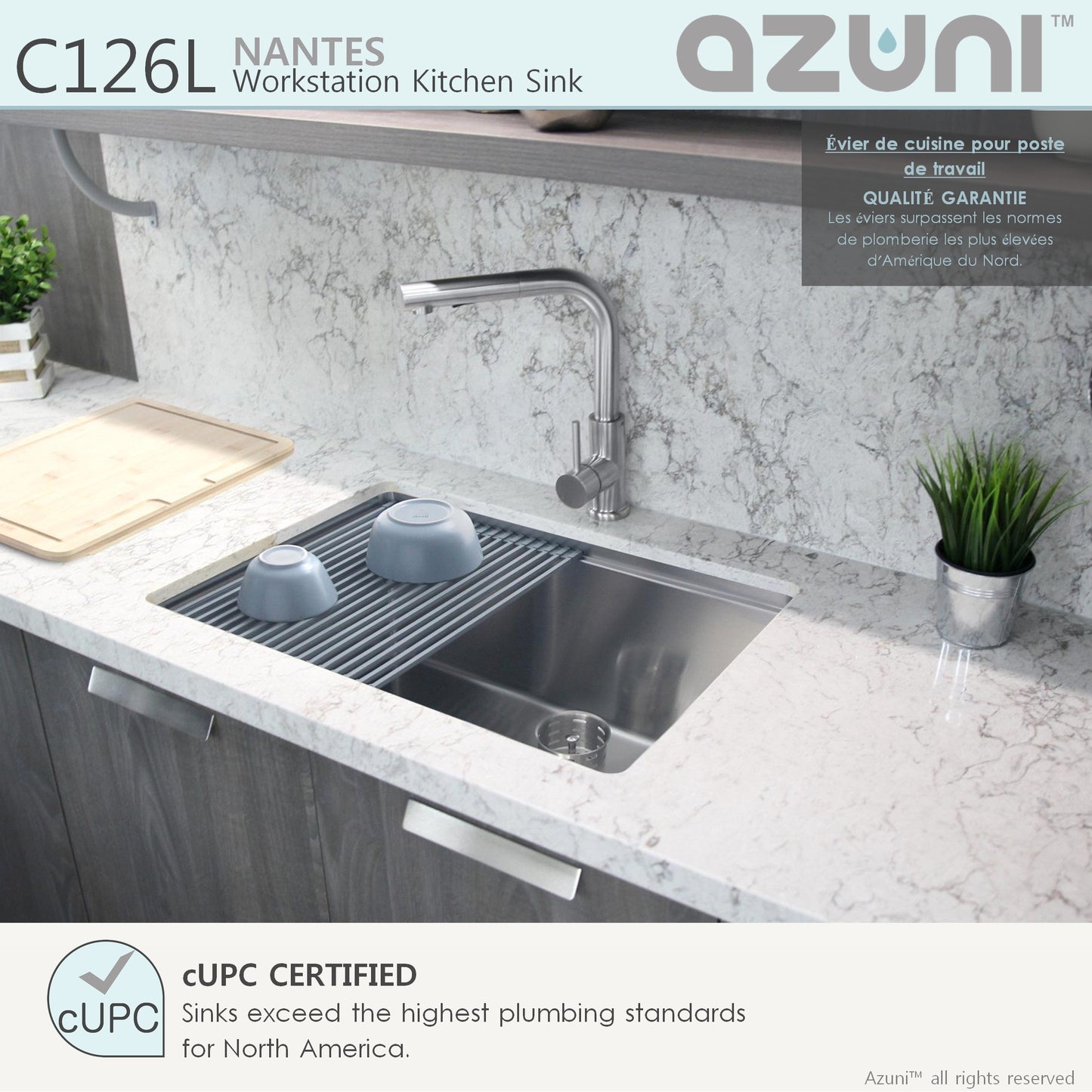 AZUNI 25"L x 19"W  Nante Single Bowl Undermount 16G Reversible Workstation Kitchen Sink with accessories C126L