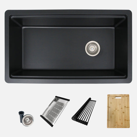 STYLISH 32" Canmore Dual Mount  Workstation Single Bowl Black Composite Granite Kitchen Sink with Built in Accessories