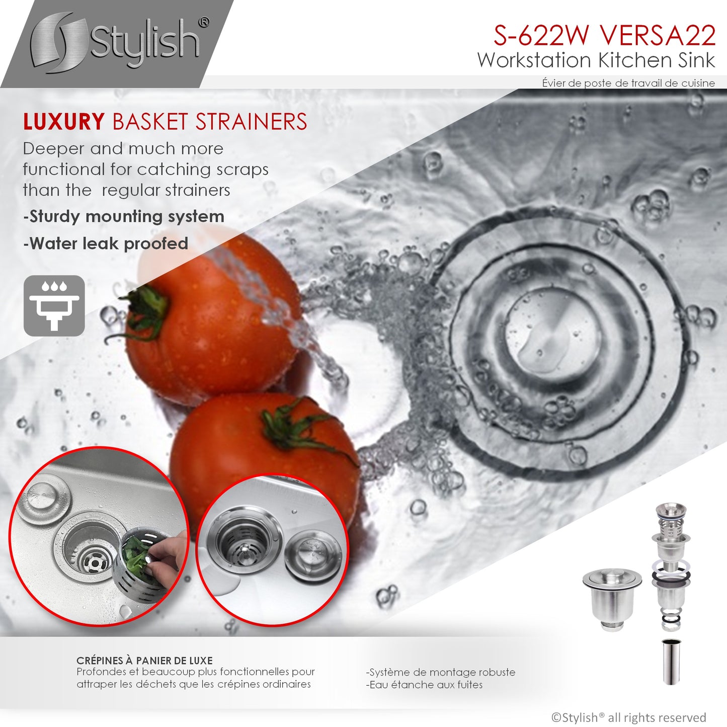 STYLISH 22" Versa Workstation Single Bowl Undermount 16 Gauge Stainless Steel Kitchen Sink with Built in Accessories