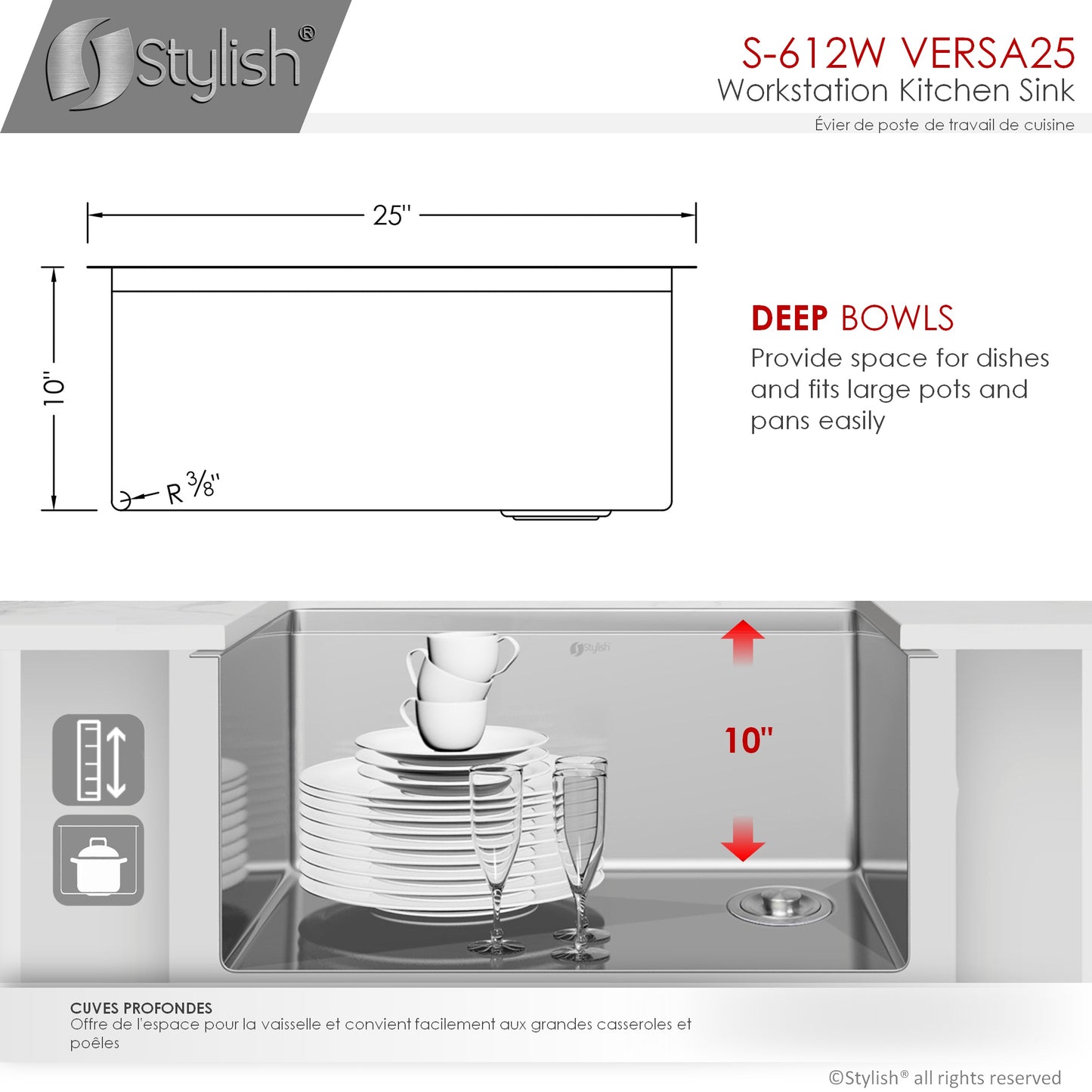STYLISH 25" Versa Workstation Single Bowl Undermount 16 Gauge Stainless Steel Kitchen Sink with Built in Accessories