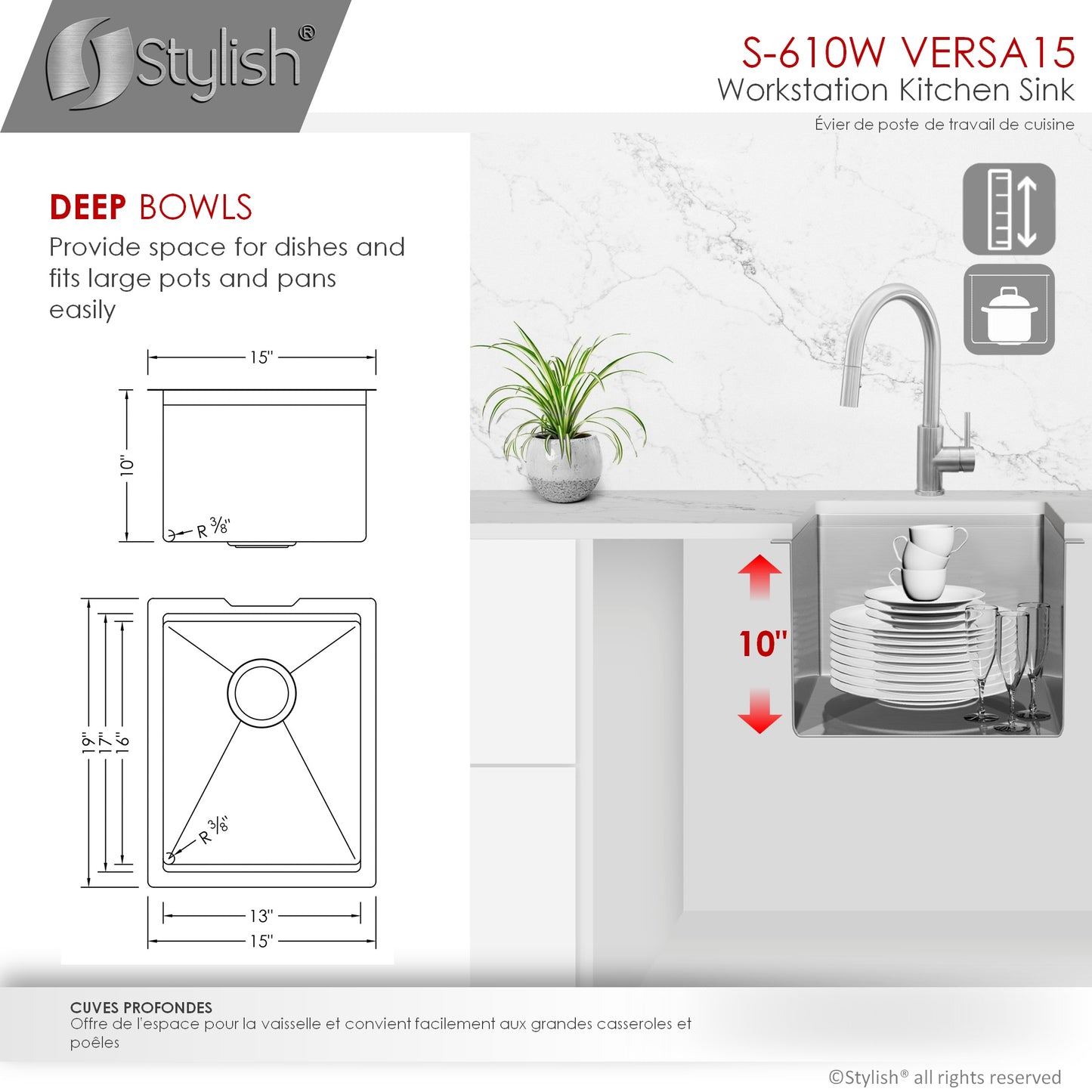 STYLISH 15" Versa Workstation Single Bowl Undermount 16 Gauge Stainless Steel Kitchen Sink with Built in Accessories