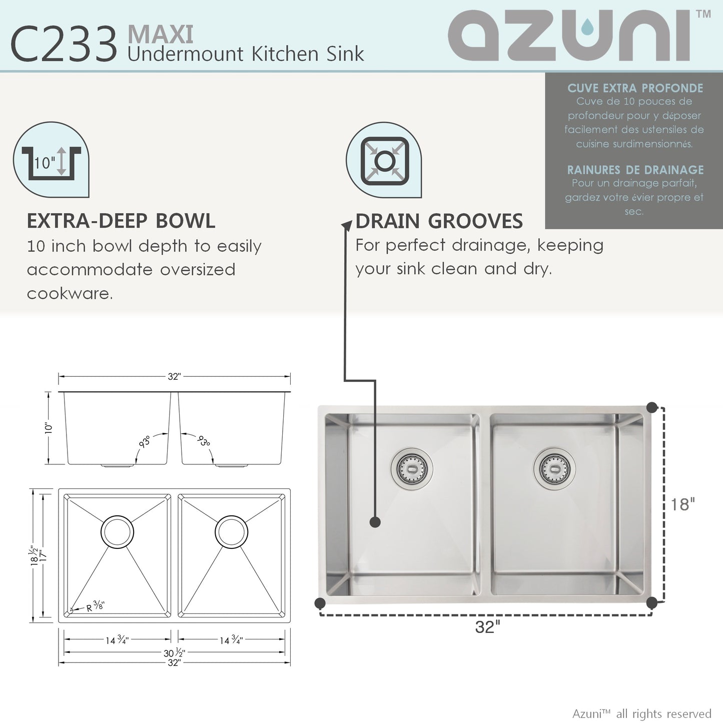 Azuni 32" L X 18" W Maxi Double Basin Undermount Kitchen Sink With Grids and Basket Strainers