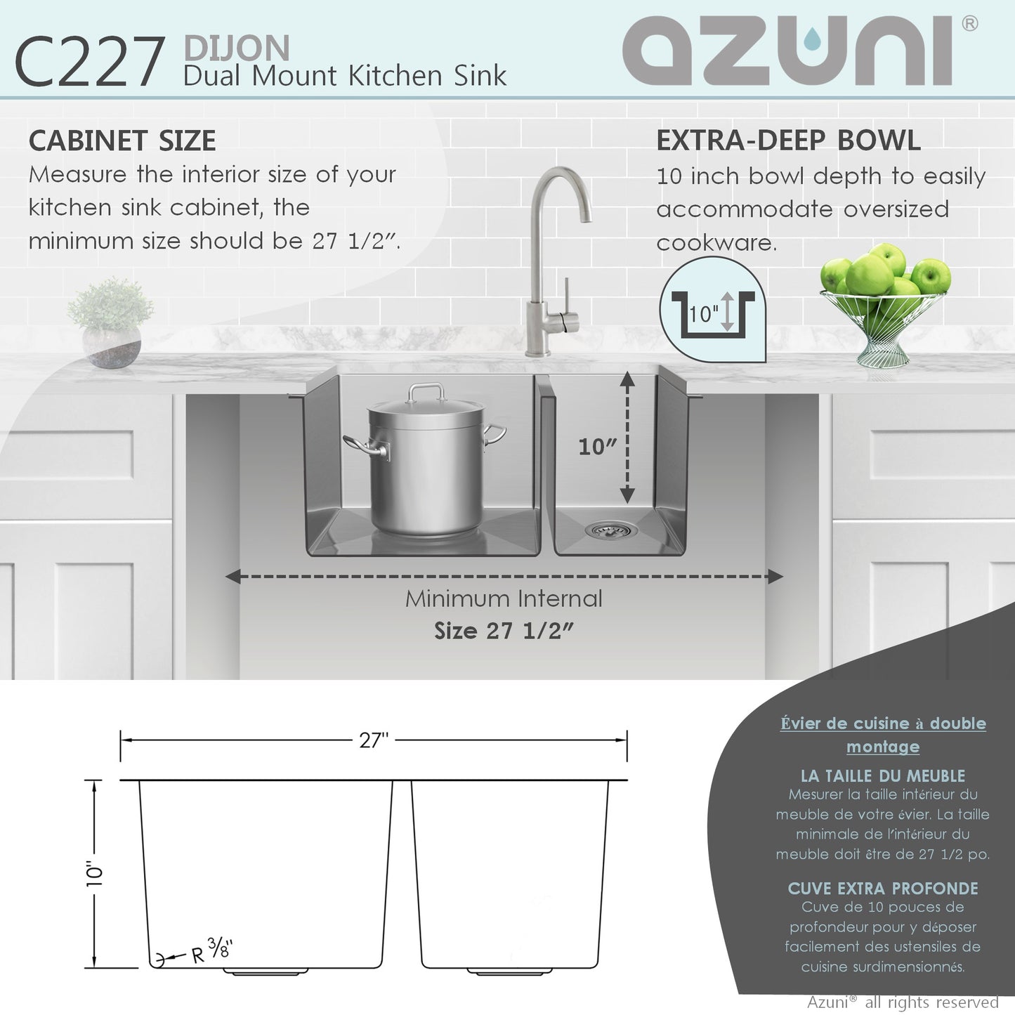 AZUNI 27"L x 18"L Dijon Double Bowl 60/40  Undermount and Drop-in 16G Reversible Kitchen Sink with grids and Basket Strainers C227