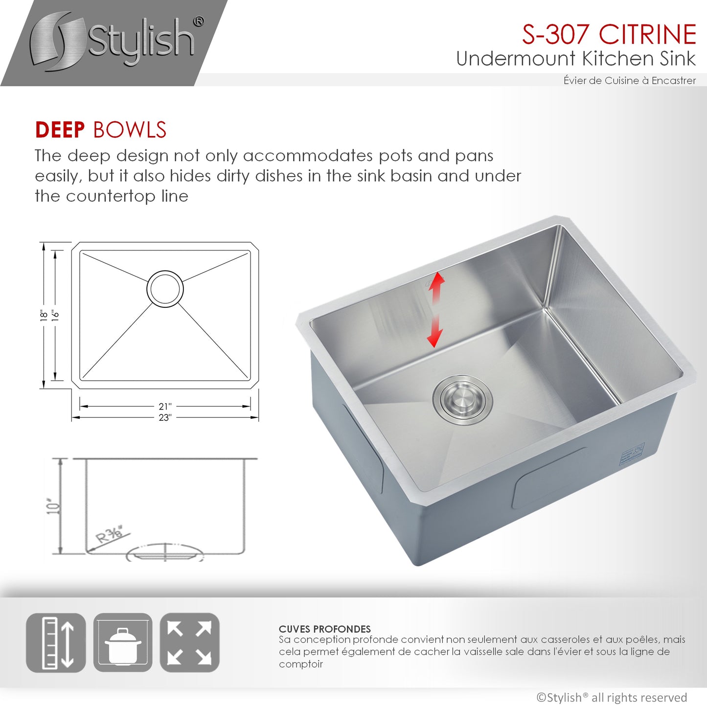 STYLISH 23" Citrine Single Bowl Undermount Stainless Steel Kitchen Sink