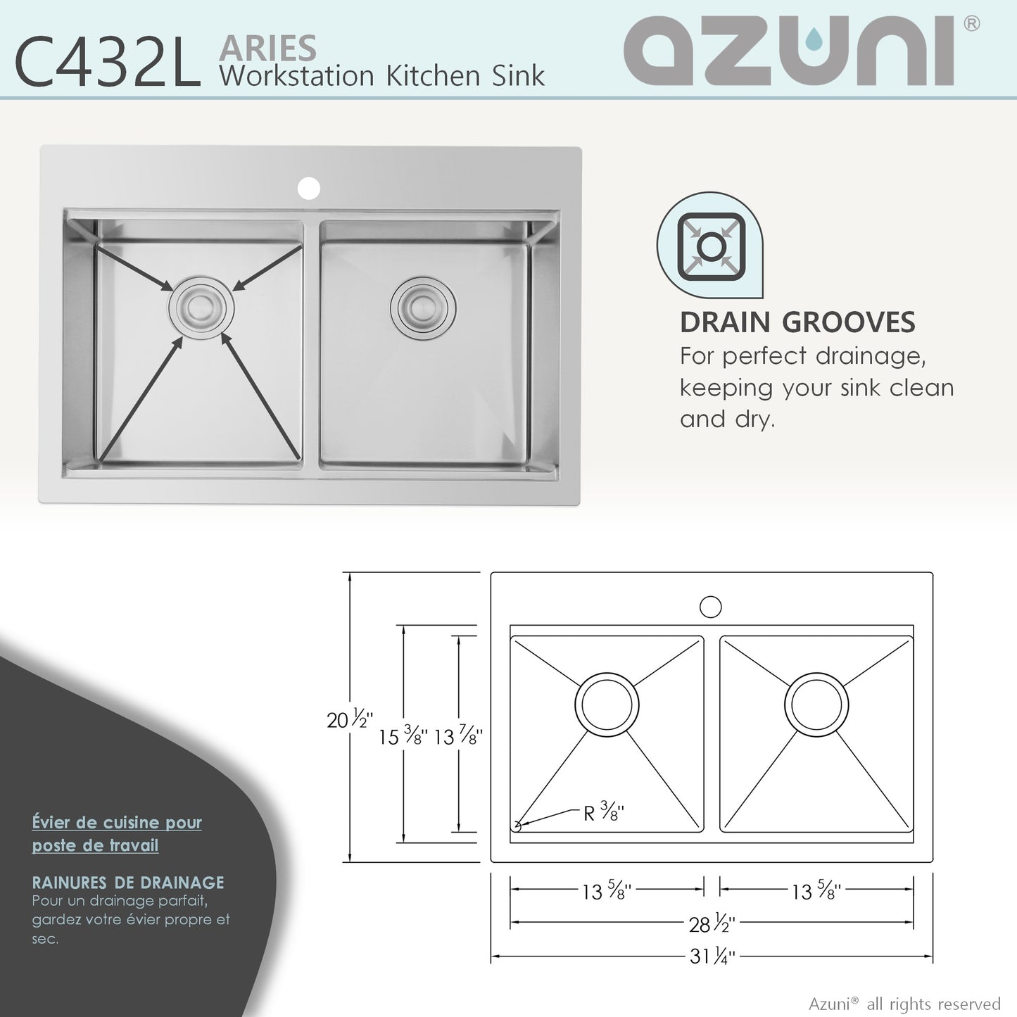 AZUNI 30"L x 20.5"W Aries Top mounted Double Bowl Stainless Steel Ledge Workstation Kitchen Sink accessories included