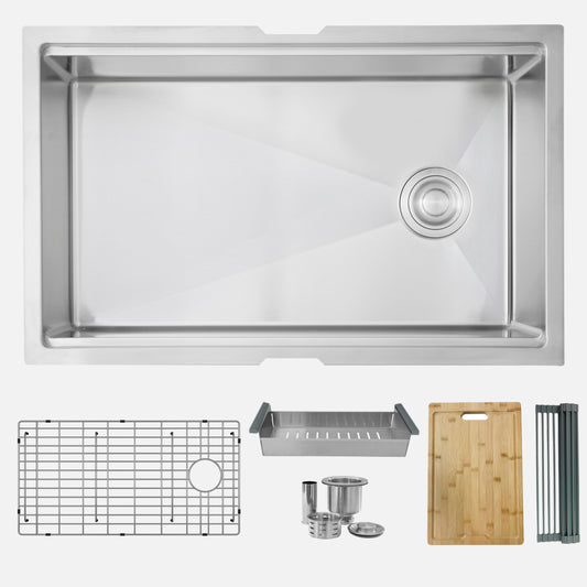 STYLISH 30" Versa Workstation Single Bowl Undermount 16 Gauge Stainless Steel Kitchen Sink with Built in Accessories