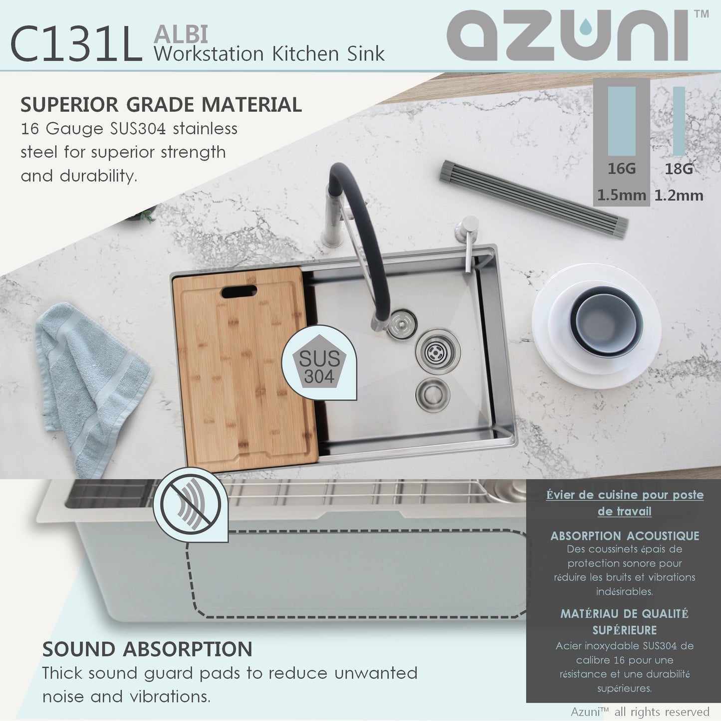 AZUNI 30"L x 19"W Albi Undermount Single Bowl Kitchen Sink Workstation with Accessories Included