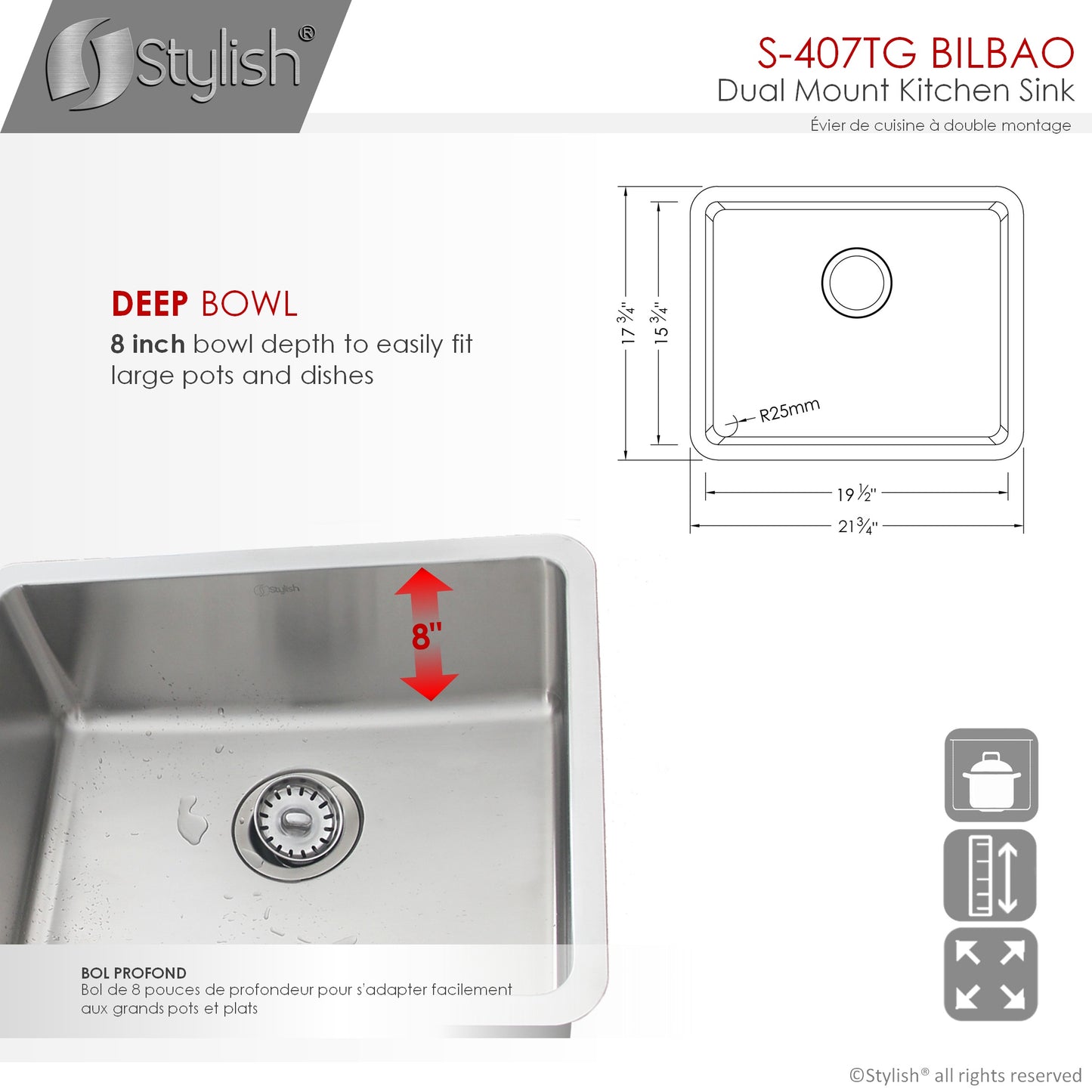 STYLISH 22" Bilbao Single Bowl Undermount and Drop-in Stainless Steel Kitchen Sink