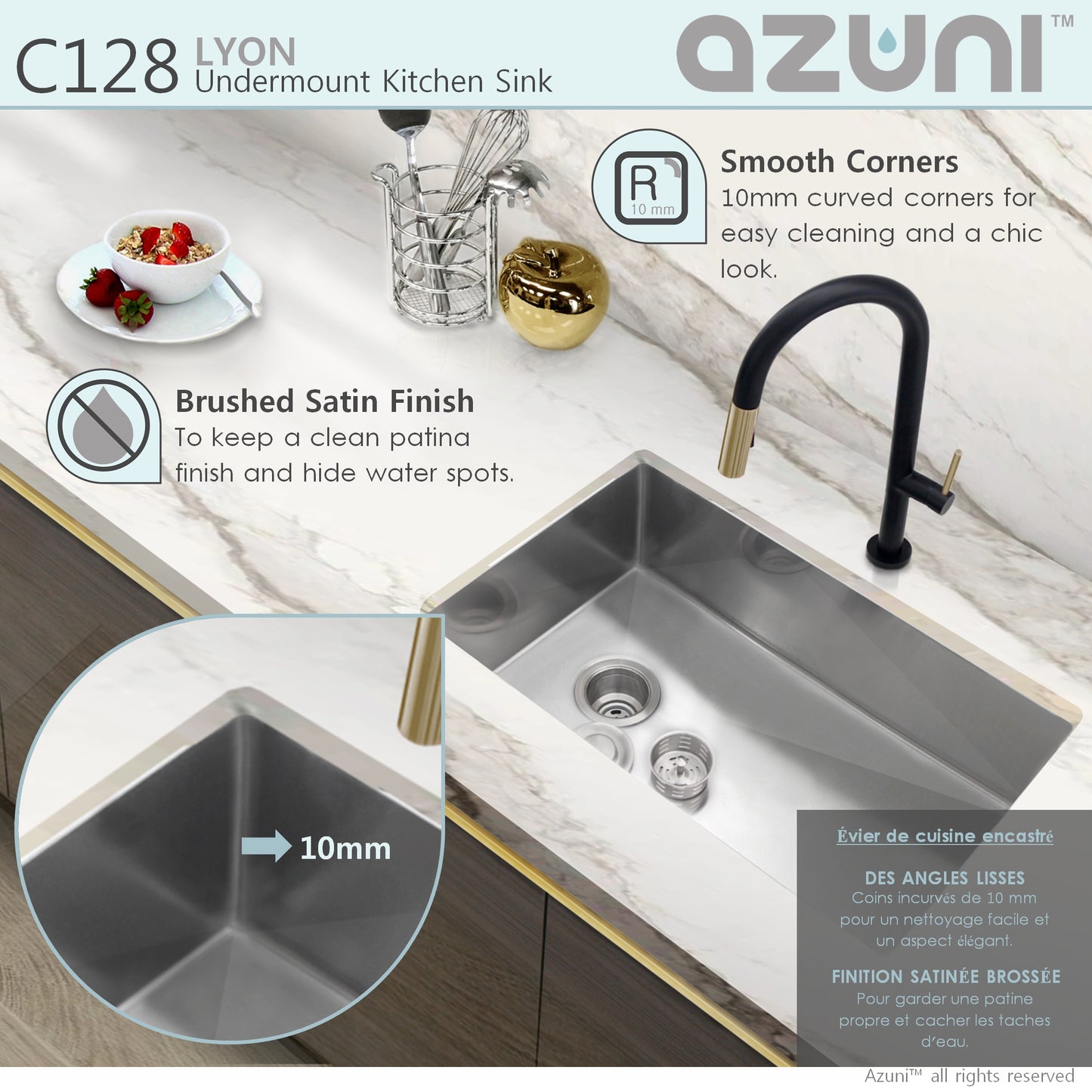 AZUNI 28"L x 18"W Lyon Single Bowl Undermount 16G Reversible Kitchen Sink with grid and Basket Strainer