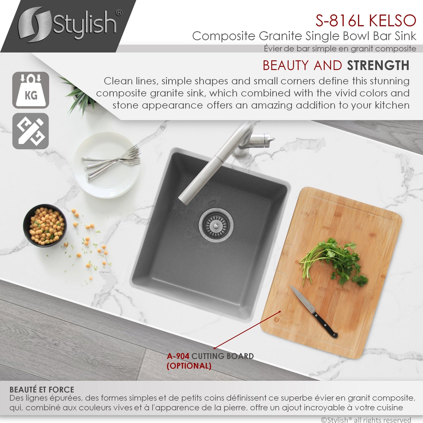 STYLISH 16" Kelso Dual Mount Single Bowl Gray Composite Granite Kitchen Sink with Strainer