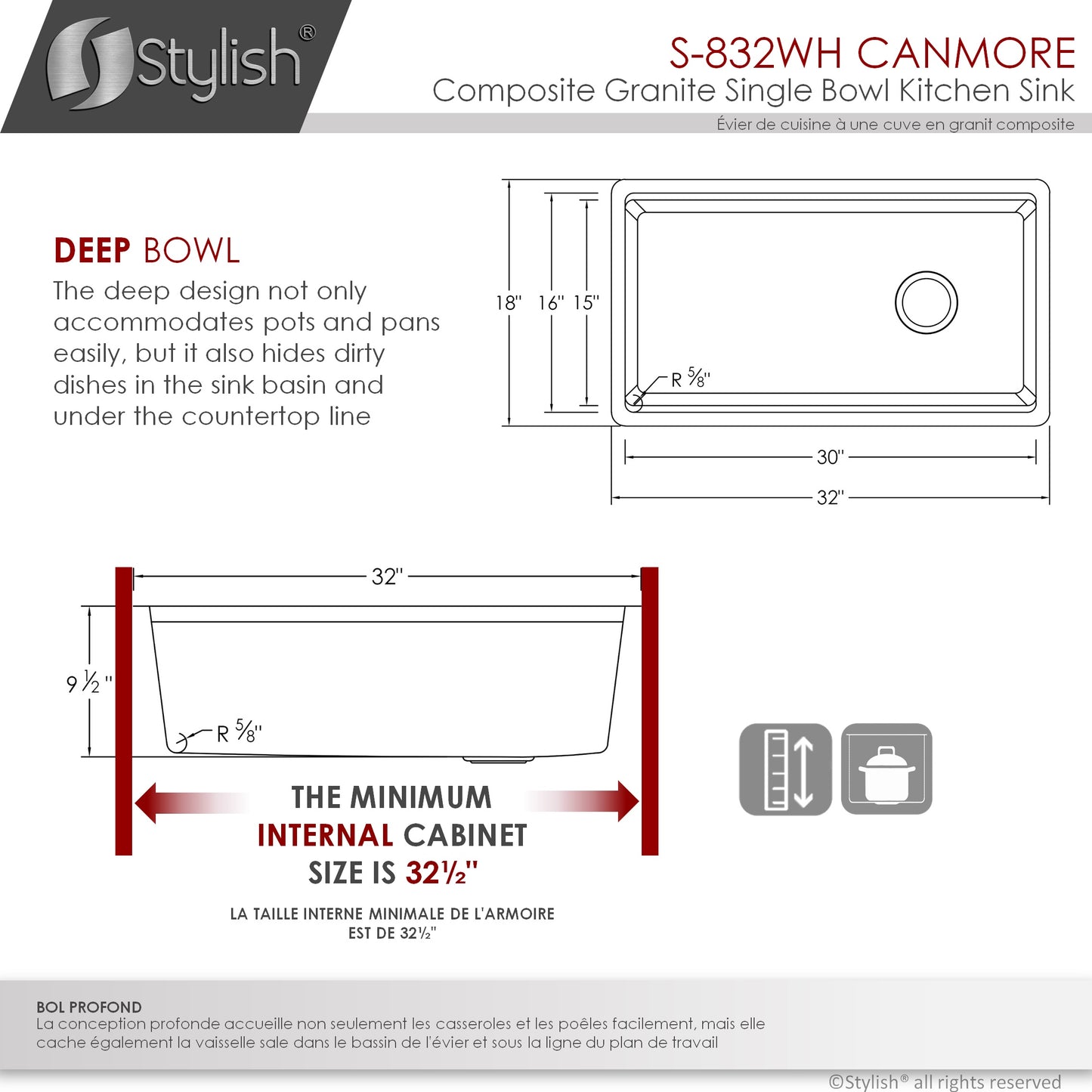 STYLISH 32" Canmore Dual Mount  Workstation Single Bowl White Composite Granite Kitchen Sink with Built in Accessories