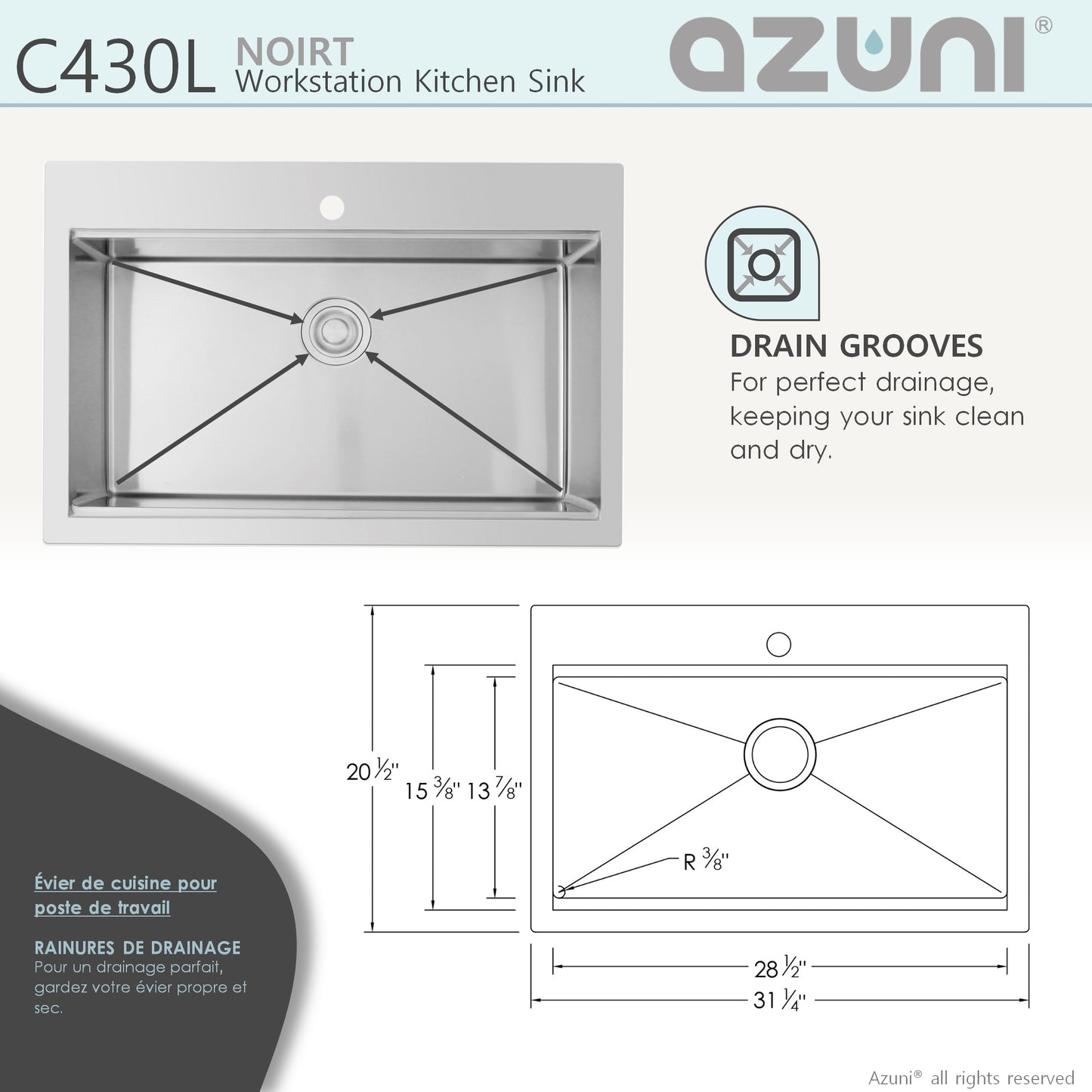 AZUNI 30"L x 20.5"W Noirt Top mounted Single Bowl Stainless Steel Ledge Workstation Kitchen Sink accessories included