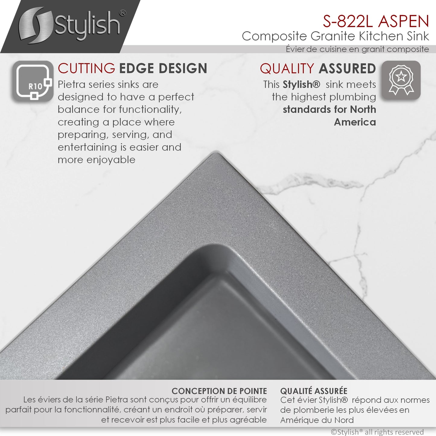 STYLISH 22" Aspen Dual Mount Single Bowl Gray Composite Granite Kitchen Sink with Strainer
