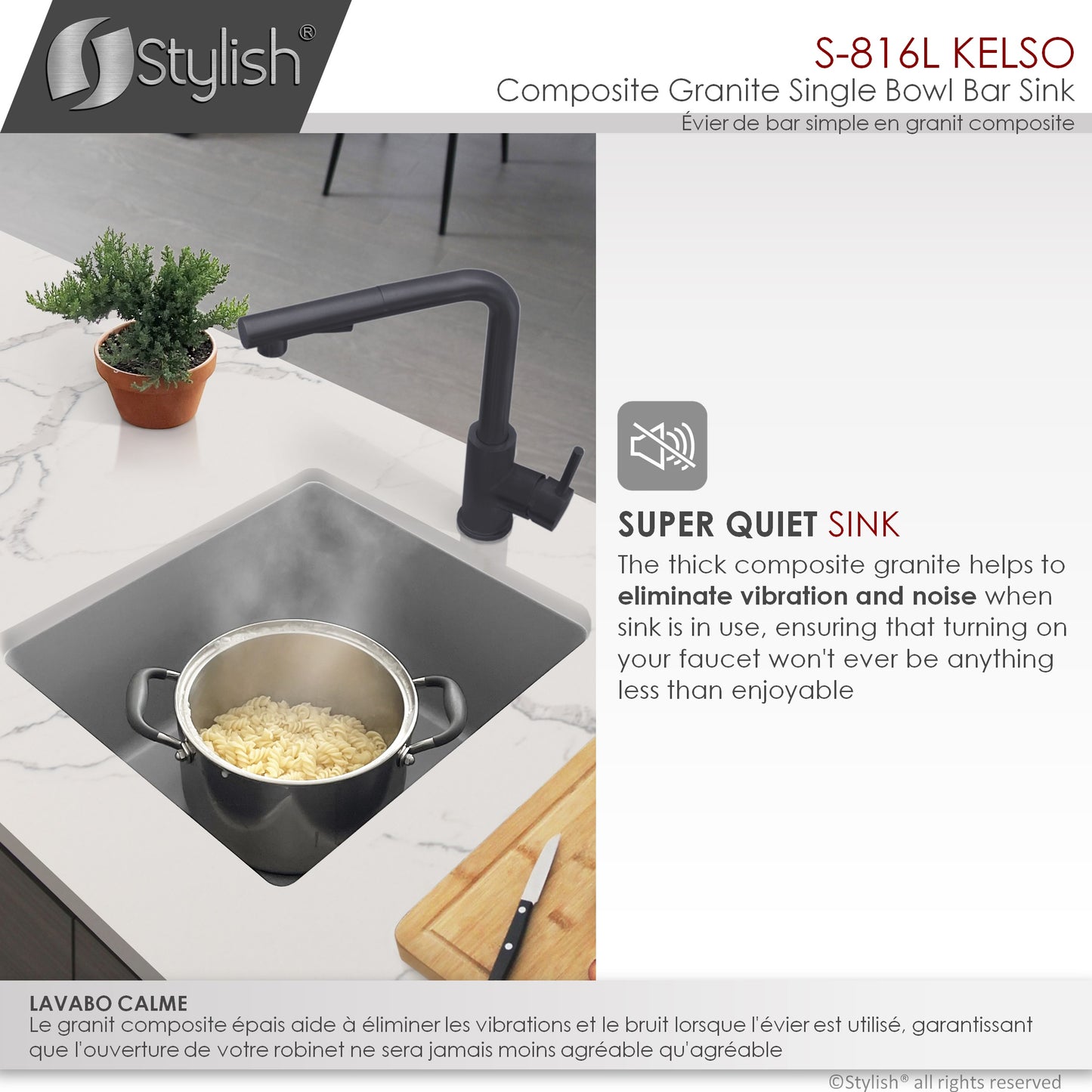 STYLISH 16" Kelso Dual Mount Single Bowl Gray Composite Granite Kitchen Sink with Strainer
