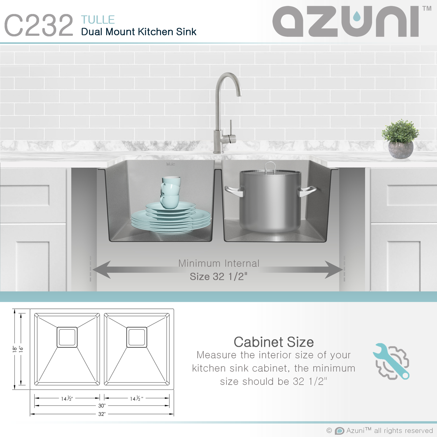 AZUNI 32"L x 18"W Tulle Double Basin Dual mount Kitchen Sink with Grids and Strainers