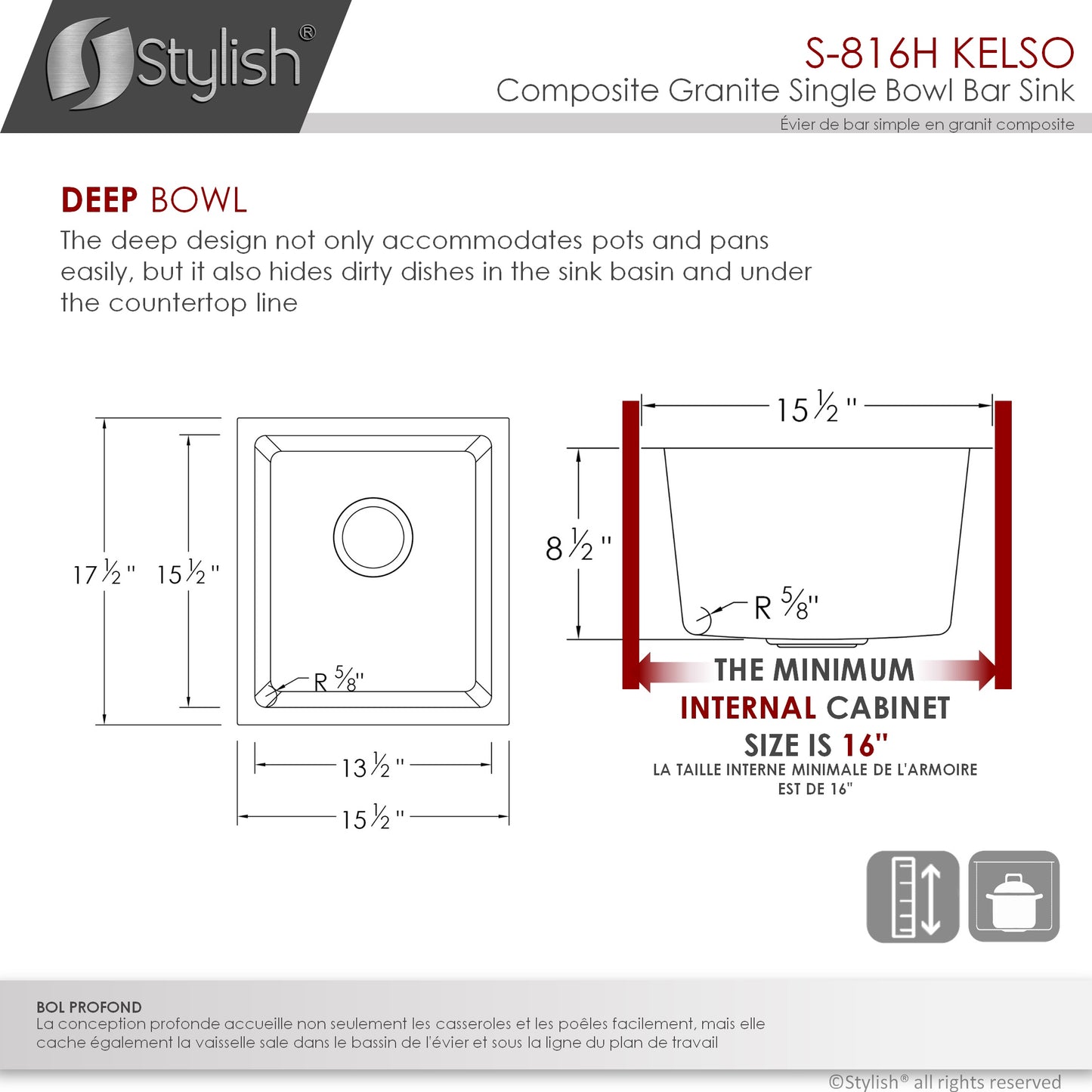 STYLISH 16" Kelso Dual Mount Single Bowl White Composite Granite Kitchen Sink with Strainer