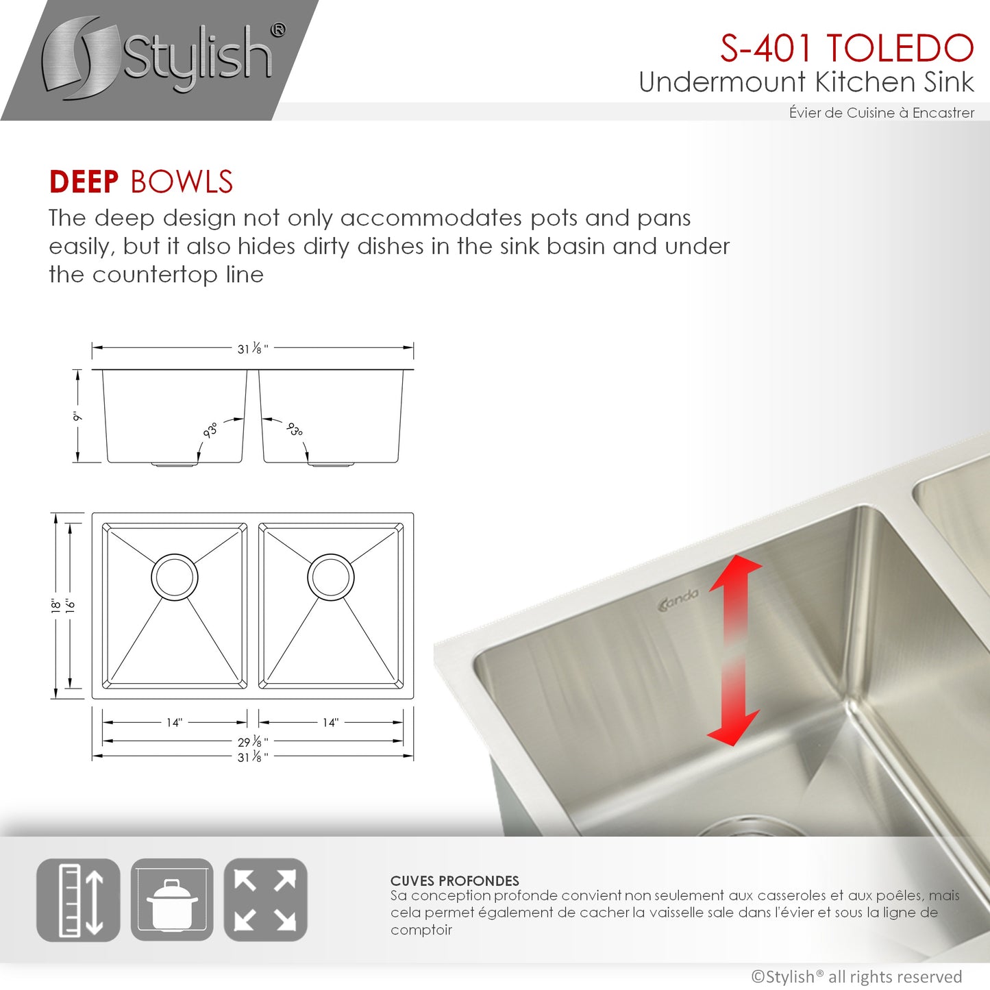 STYLISH 31" Toledo Double Bowl Undermount Stainless Steel Kitchen Sink