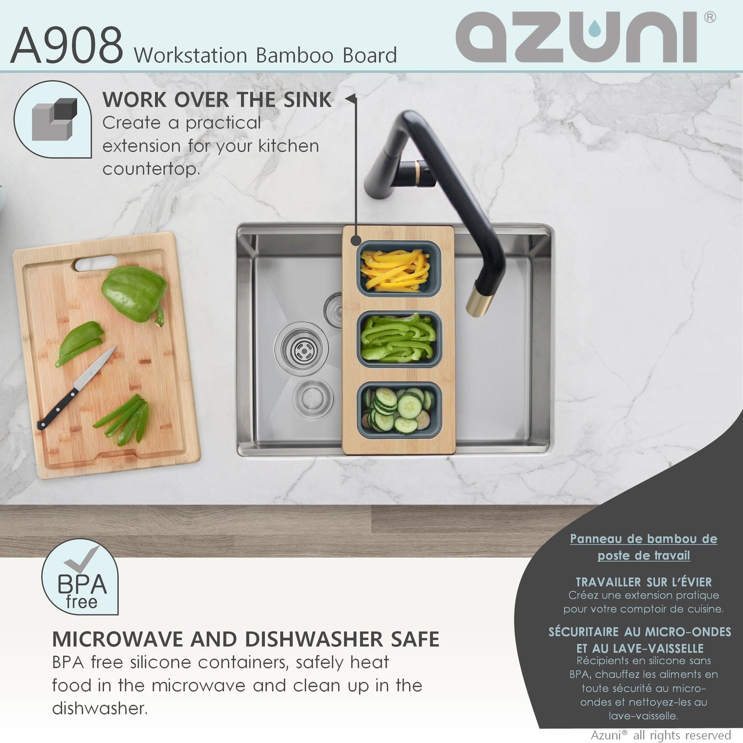 AZUNI 17" Workstation Sink Bamboo Serving Board set with 3 Collapsible Containers